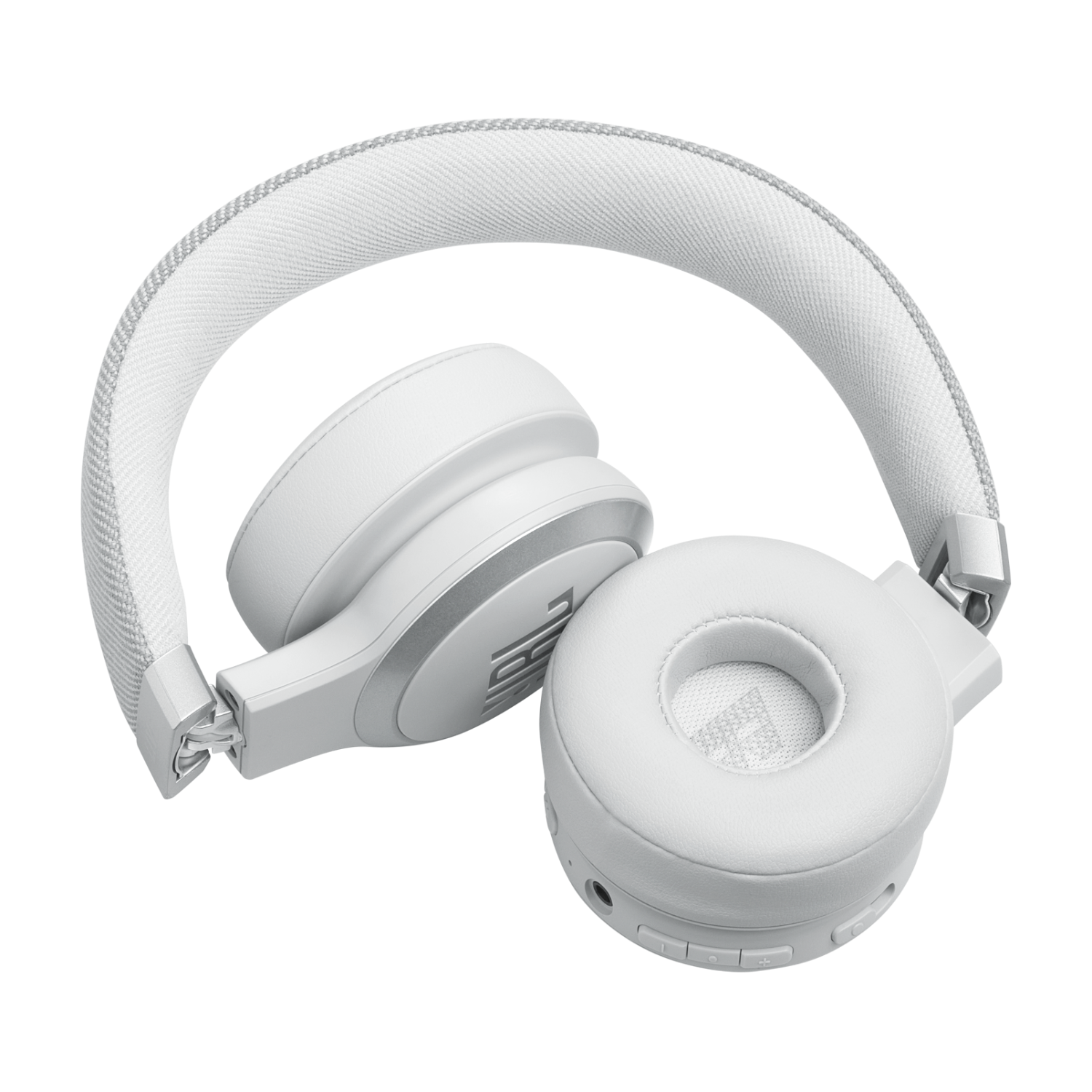 Witte JBL koptelefoon, met de oorschelpen naar binnen gevouwen.