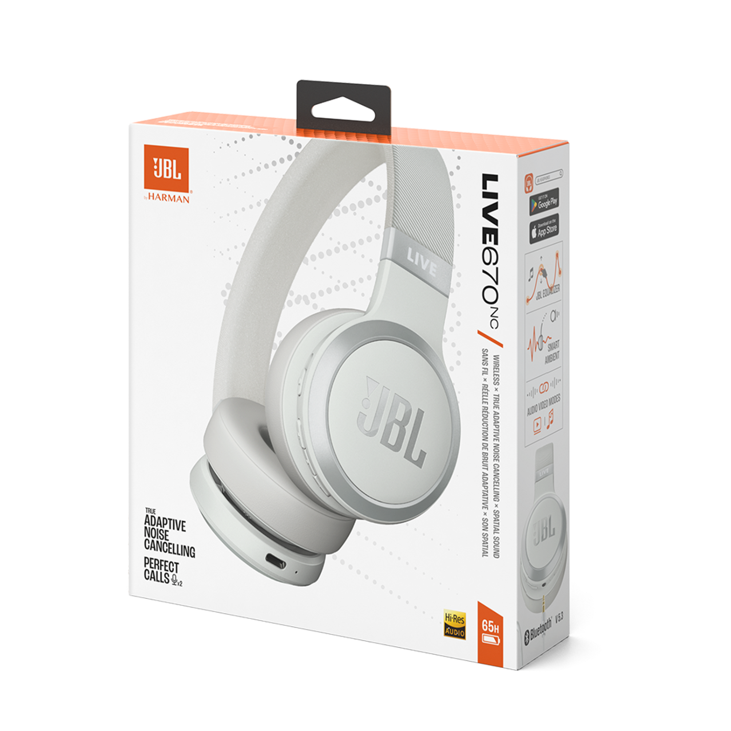 JBL witte koptelefoon in een doos. Doos heeft afbeeldingen en tekst over de koptelefoon.