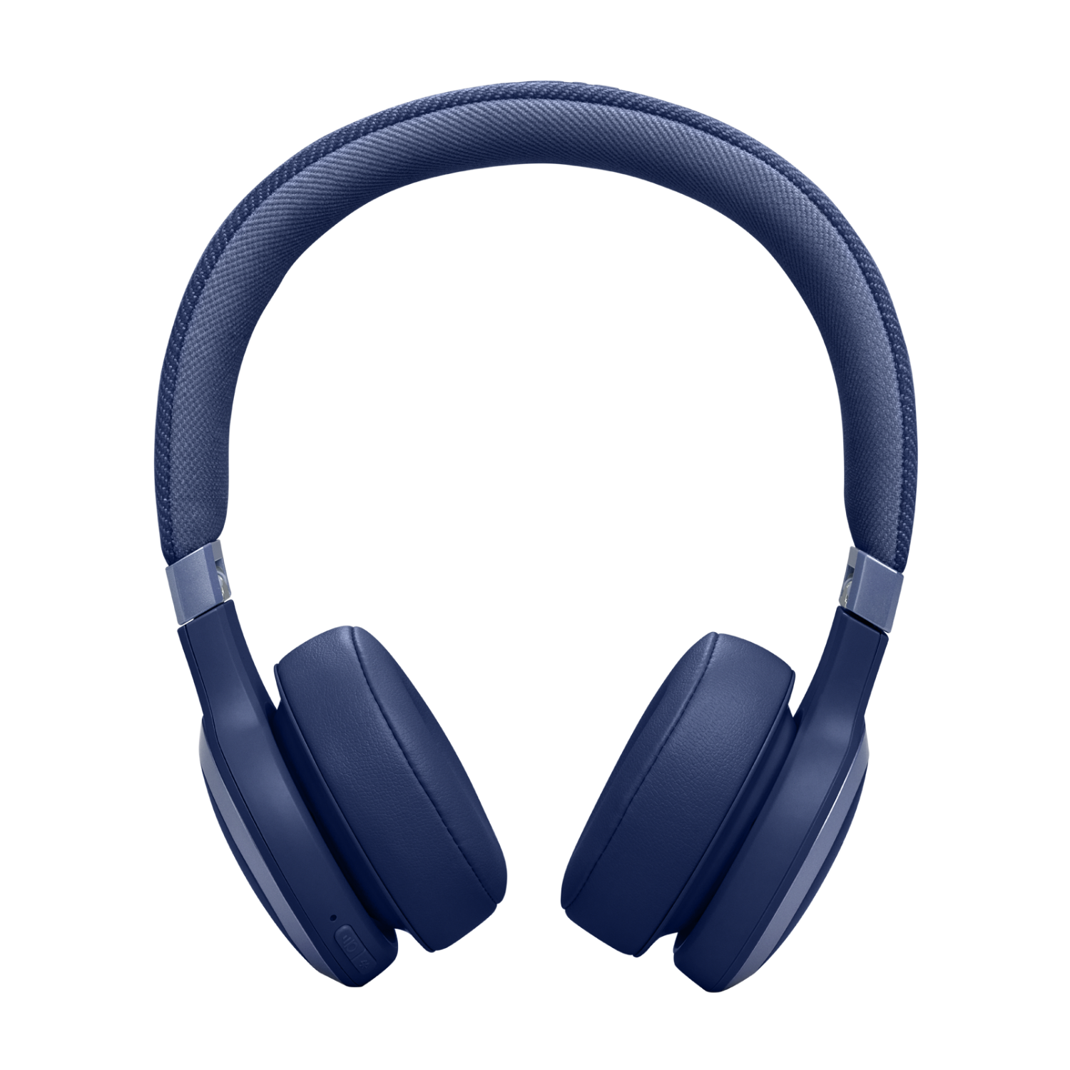 Een paar blauwe over-ear koptelefoons, zichtbaar tegen een zwarte achtergrond.