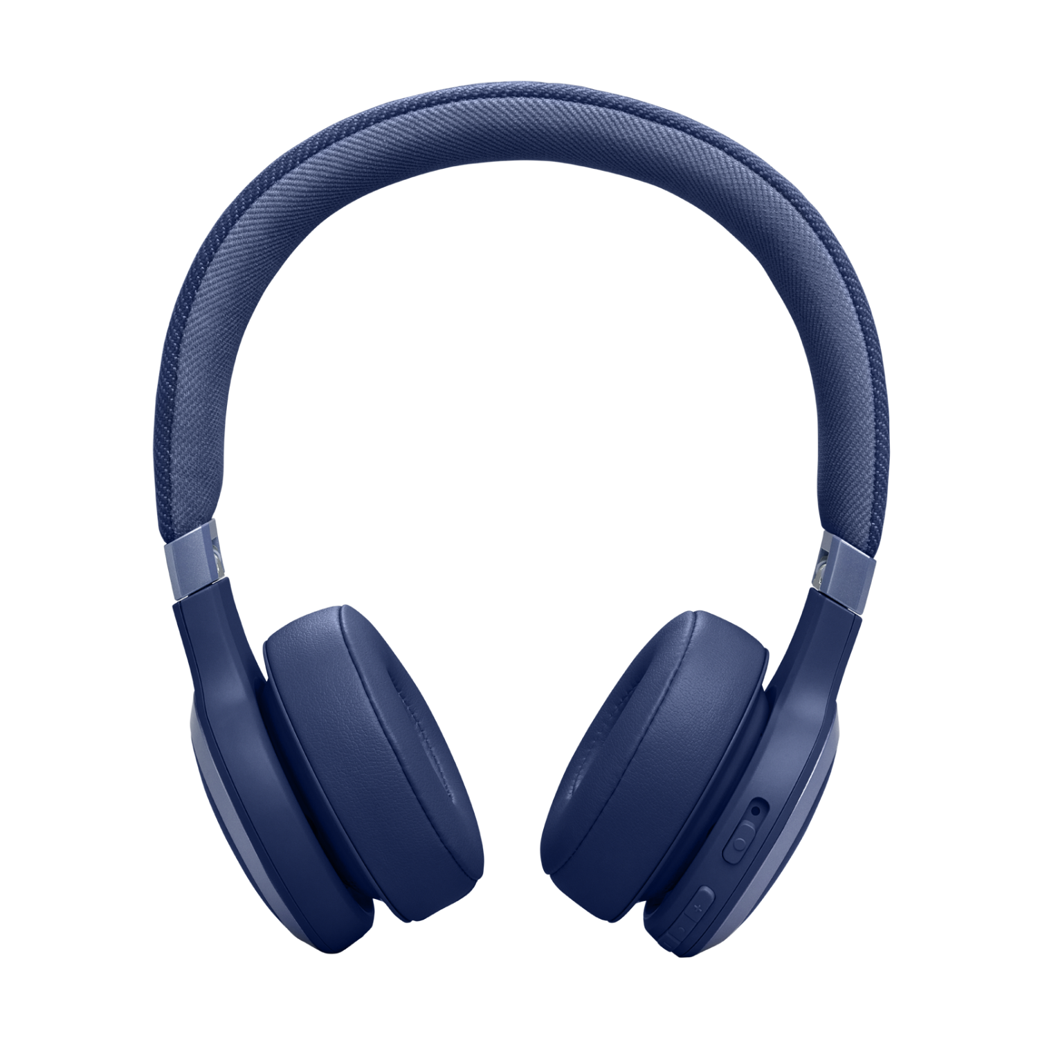 Blauwe JBL koptelefoon op een zwarte achtergrond.