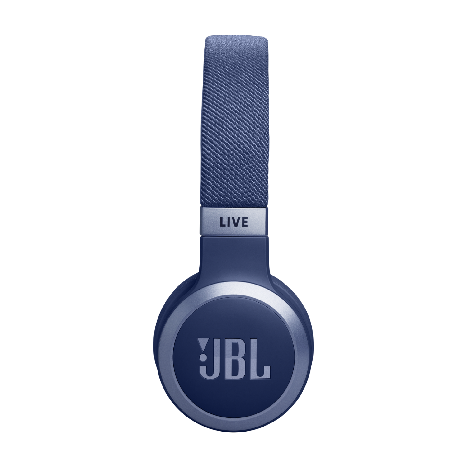 Blauwe koptelefoon met het JBL-logo. Zwarte achtergrond.