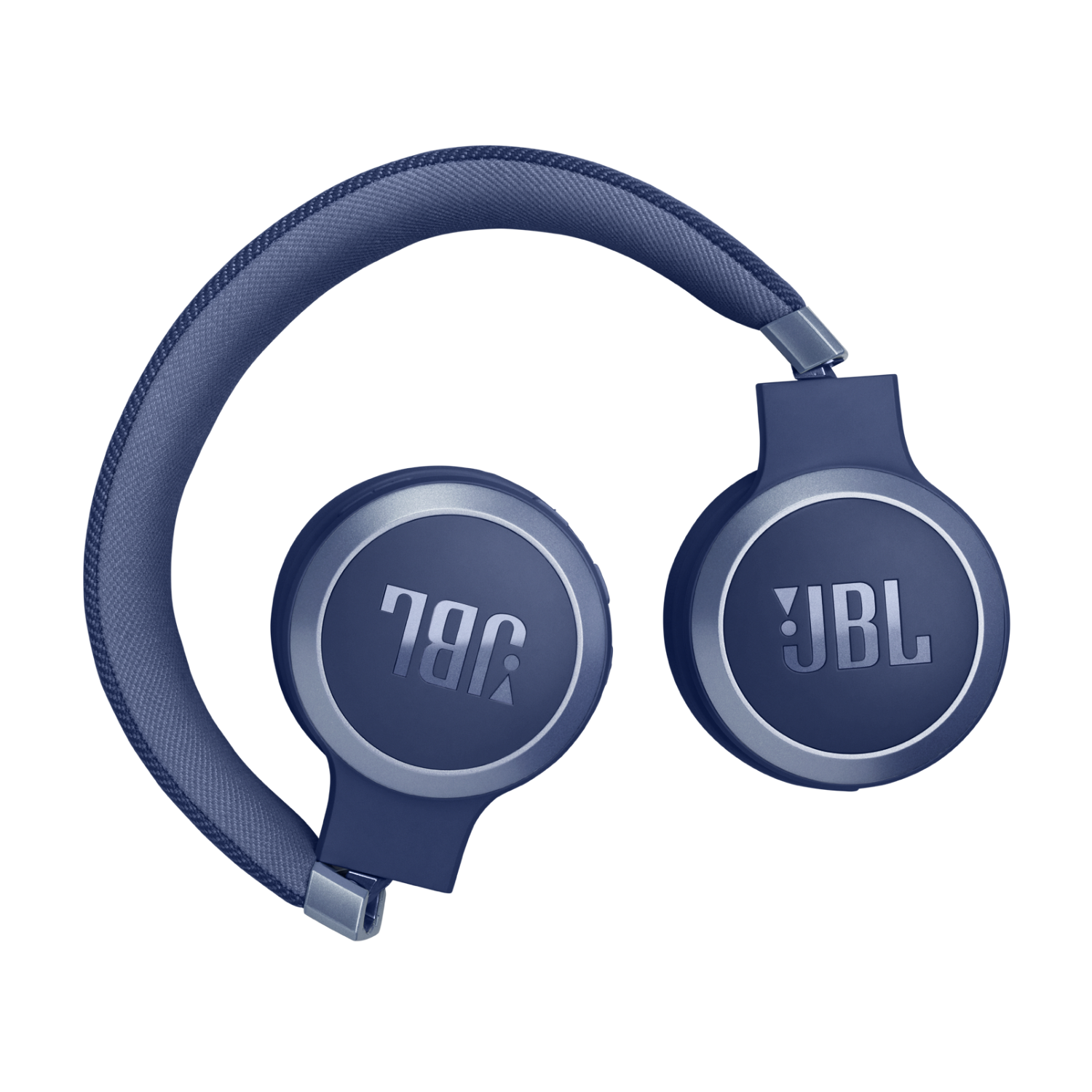 Donkerblauwe hoofdtelefoon met het JBL-logo op elke oorschelp en een blauwe hoofdband op een zwarte achtergrond.