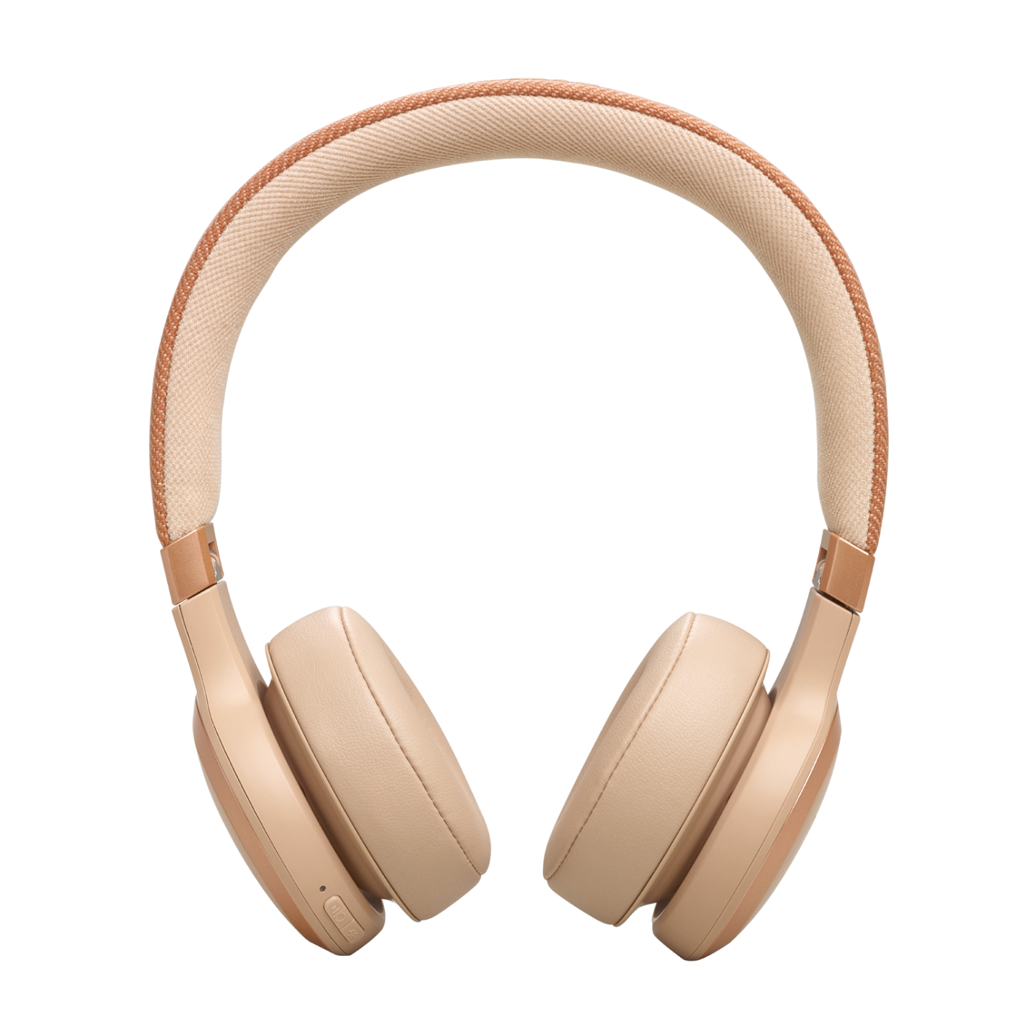Beige headphones with a padded headband and earcups. The design is simple and modern, with a black background.