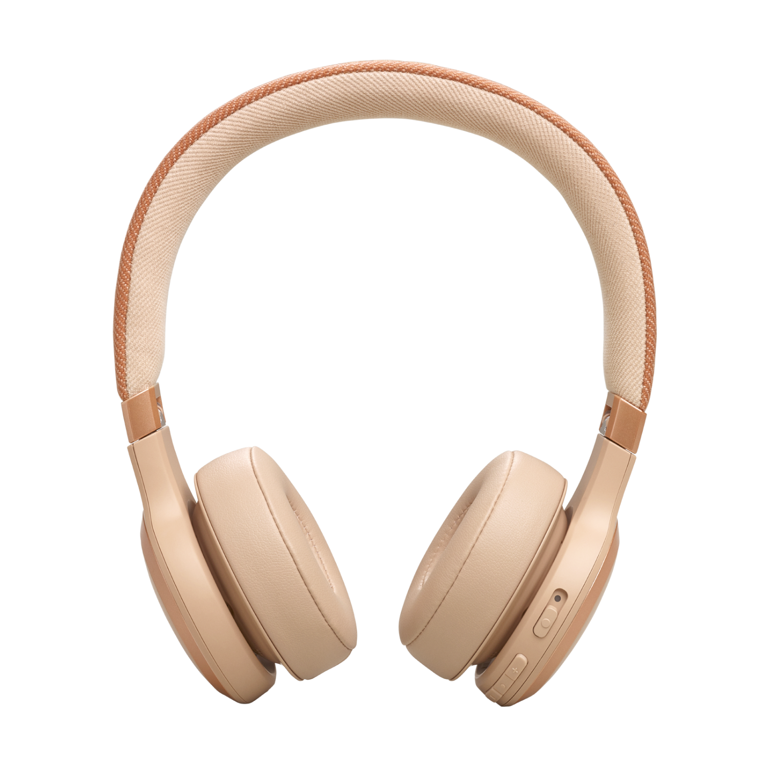 Beige headphones with tan headband, on black background. Earcups are oval.