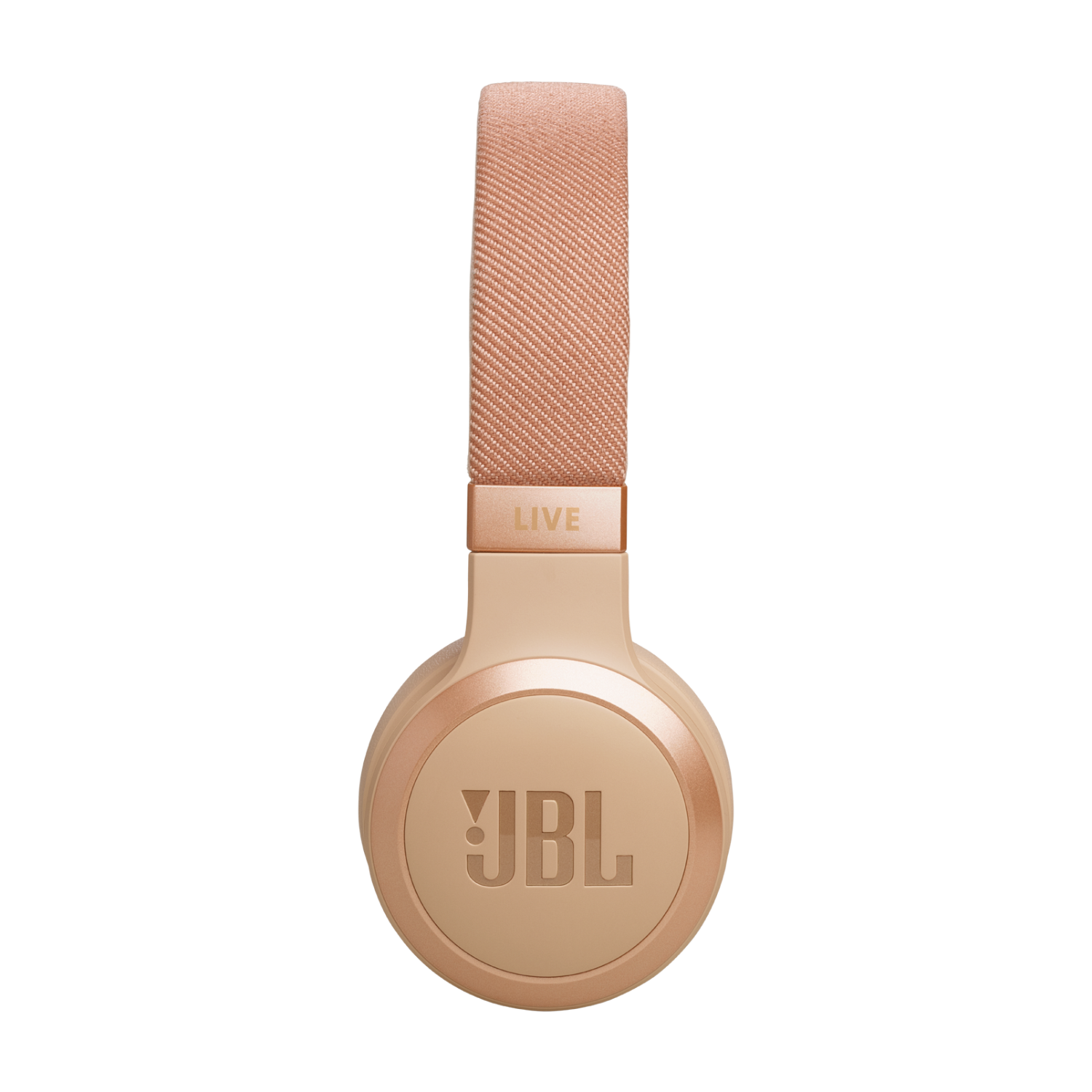 A pair of rose gold JBL headphones on a black background. The headphones are positioned facing up.