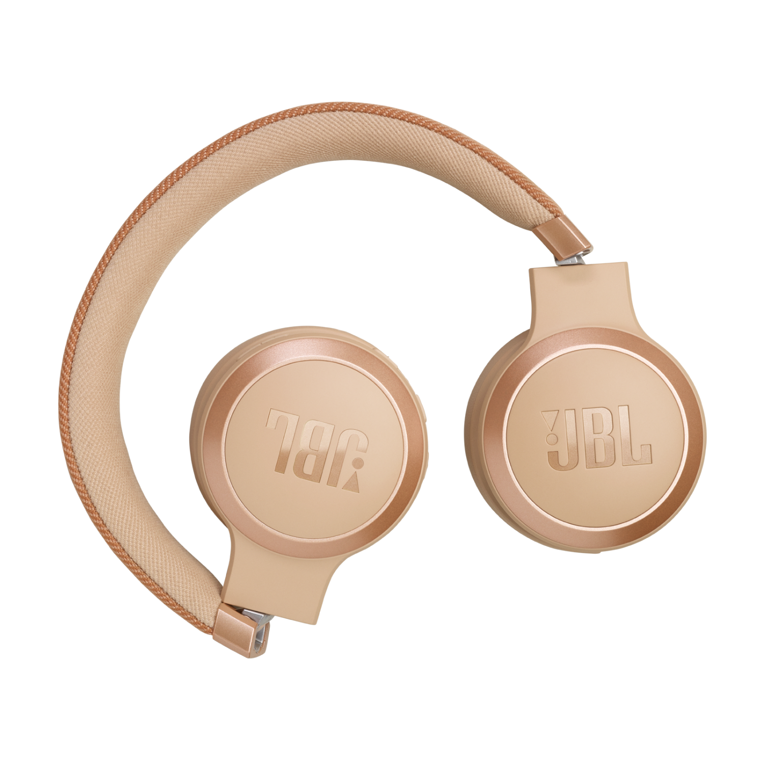 Beige and brown JBL headphones on a black background. The JBL logo is visible.