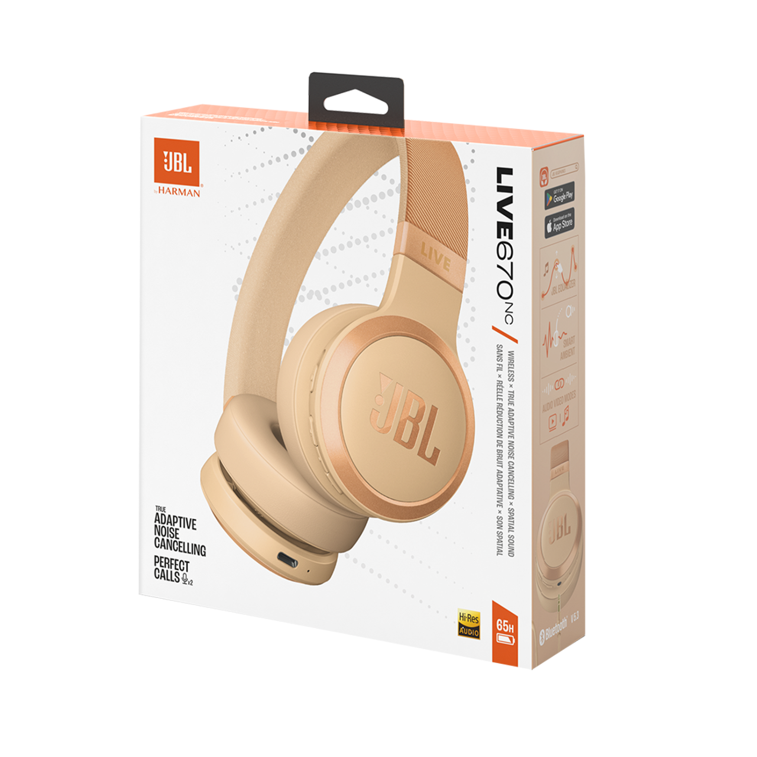 JBL Live 700NC headphones in a box, showing design and features.