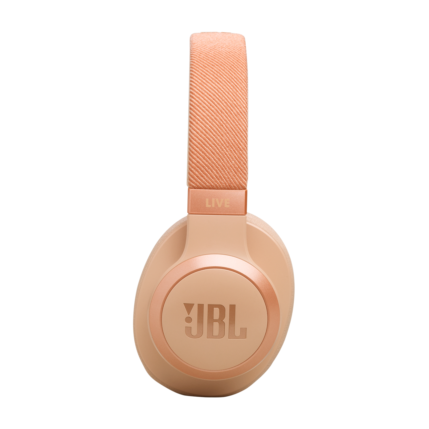 Perzik kleurige koptelefoon met het JBL-logo. De achtergrond is zwart.