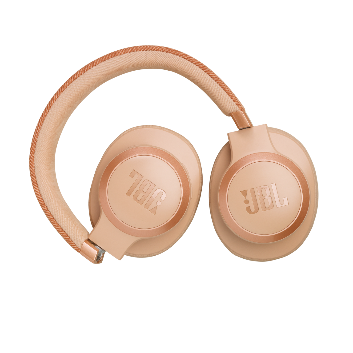 Over-ear koptelefoon, beige met perzik accenten. JBL logo op oorschelpen, op zwarte achtergrond.