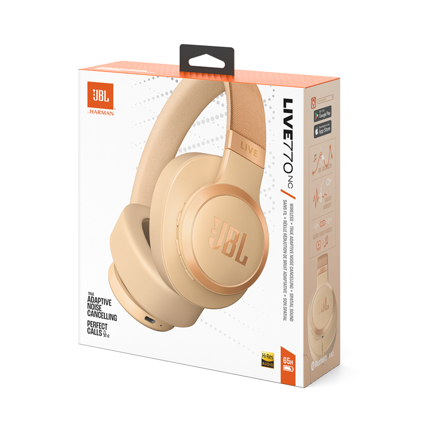 JBL-koptelefoon in een doos. Beige met gouden accenten, productdetails zichtbaar.