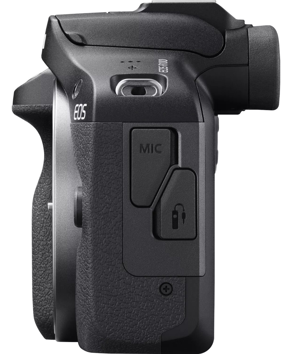 Widok z boku czarnego aparatu Canon EOS. Widoczne przyciski, mikrofon i port.