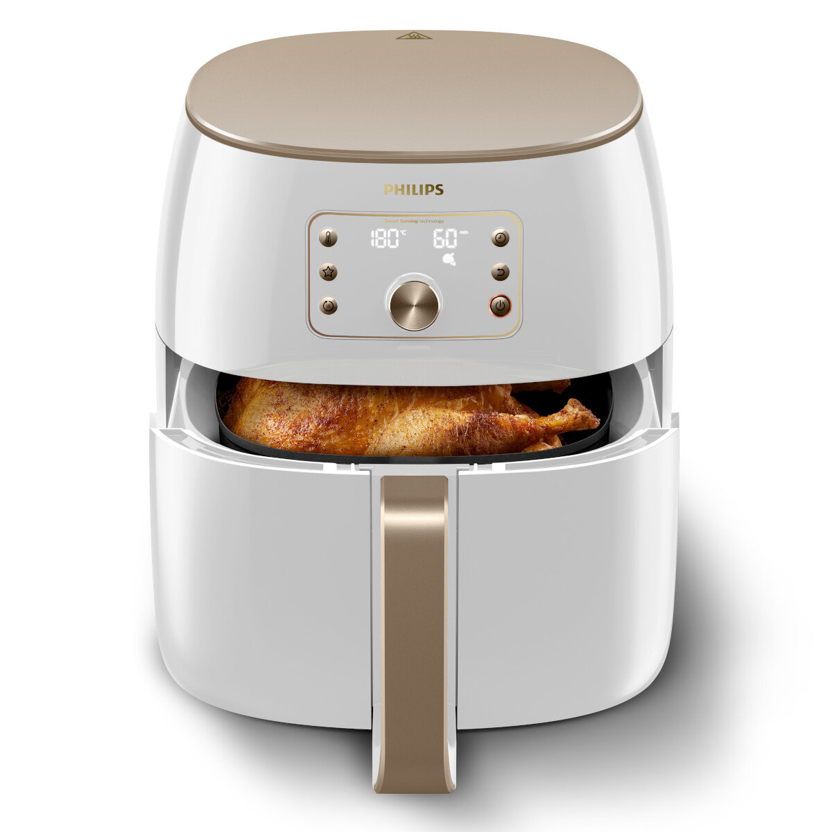 Frytownica powietrzna z ugotowanym kurczakiem w środku, otwarta. Biała i złota obudowa, widoczny wyświetlacz cyfrowy.