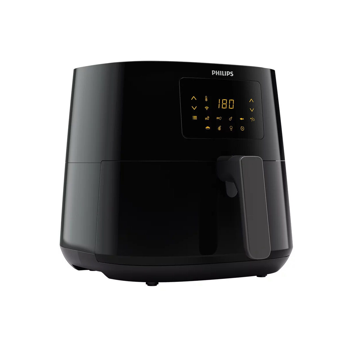 Czarny Philips Airfryer. Ma czarny uchwyt, wyświetlacz cyfrowy i szary uchwyt. Tło jest białe.