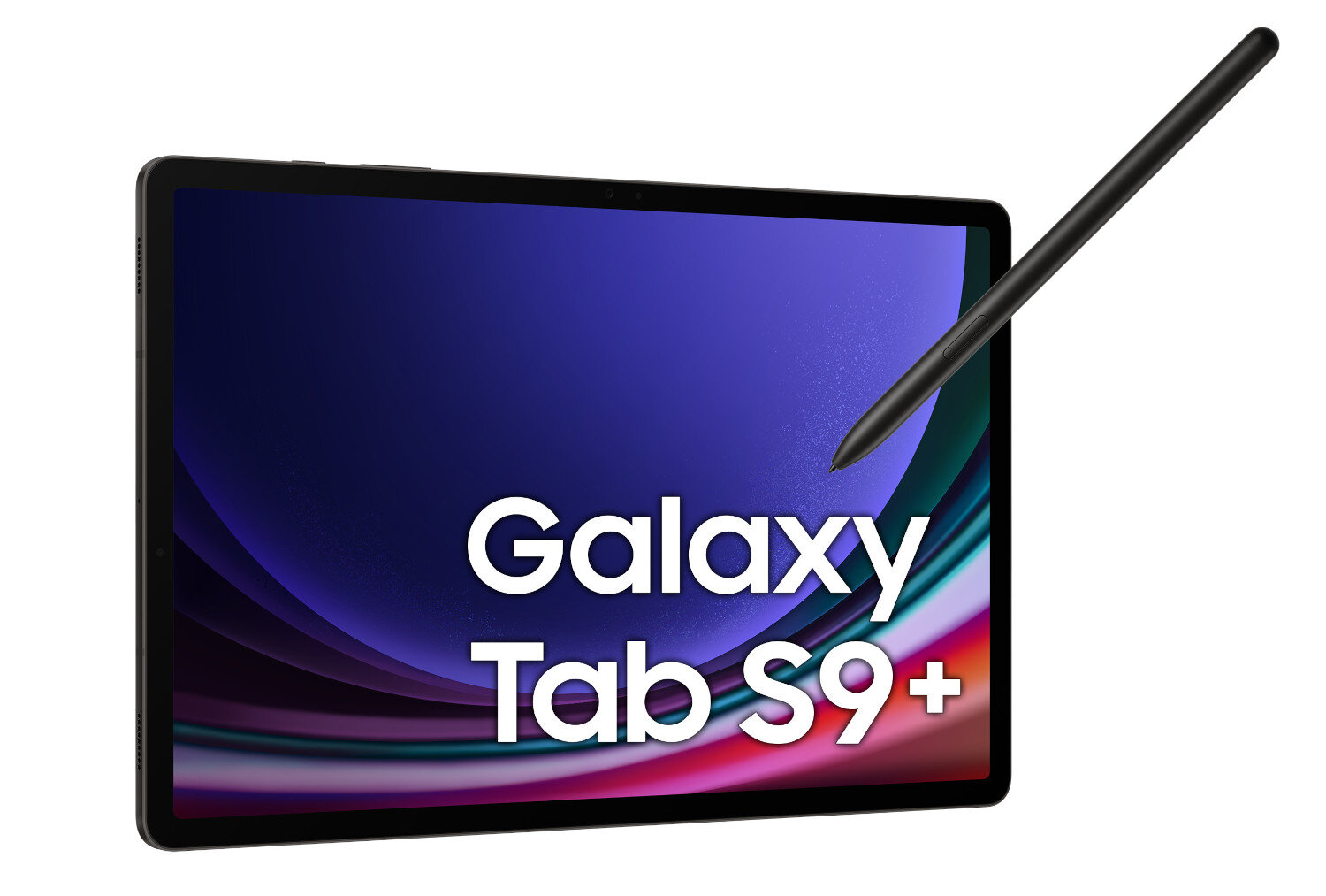 Tablet Samsung Galaxy Tab S9+ z rysikiem, na białym tle.