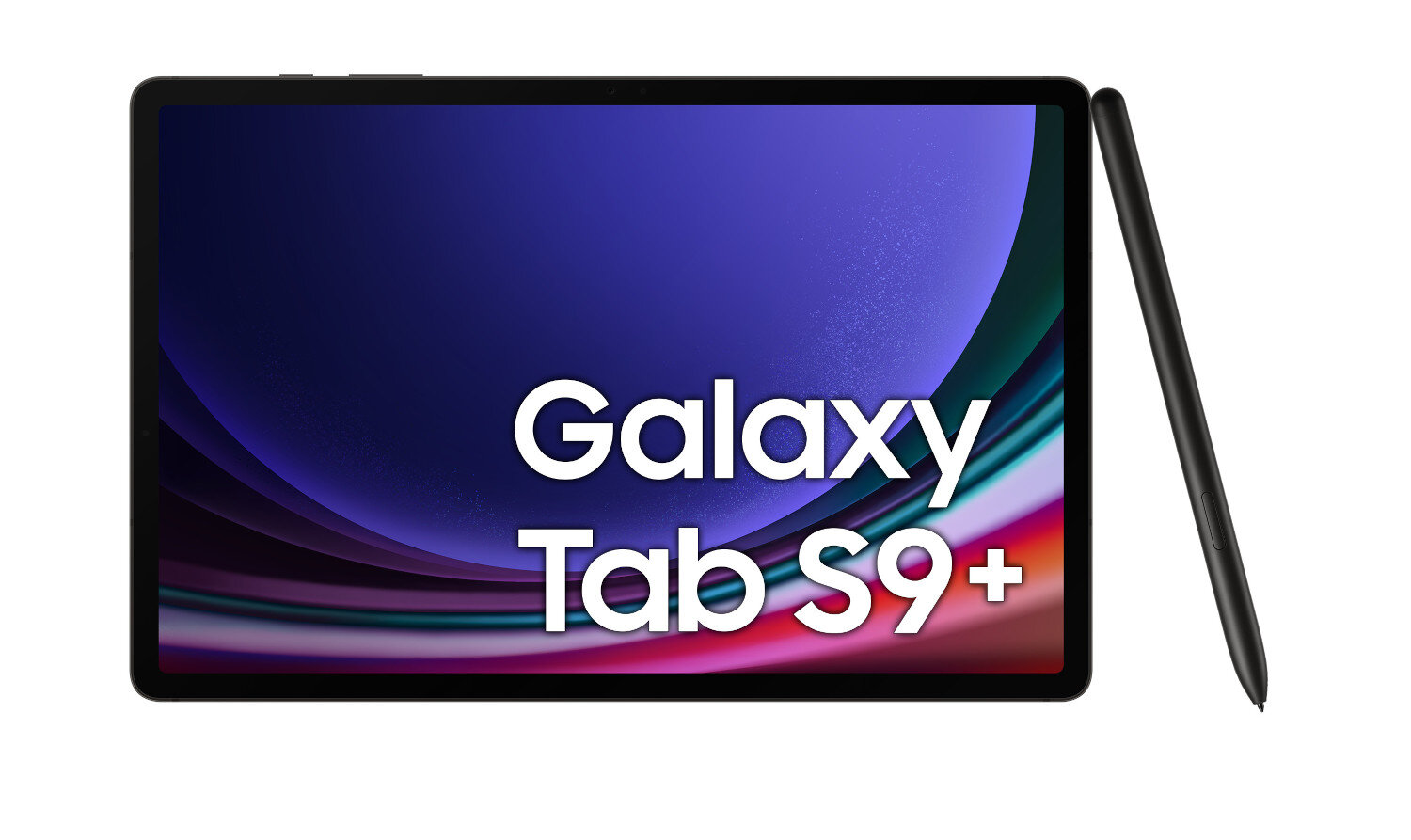 Tablet Galaxy Tab S9+ z rysikiem. Tablet wyświetla ciemnoniebieskie i fioletowe tło.