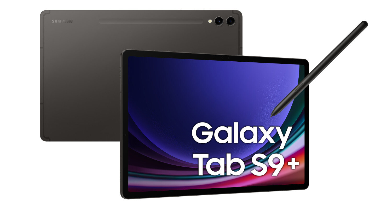 Tablet Samsung Galaxy Tab S9+ z rysikiem. Pokazano również tył tabletu.