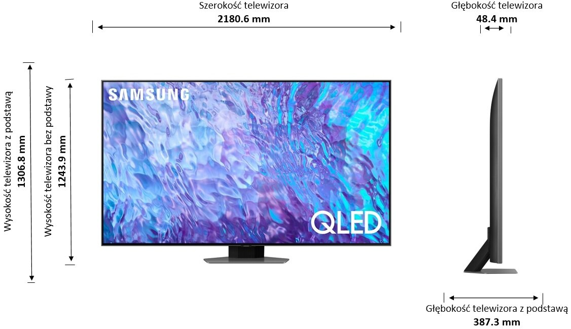 Telewizor Samsung QLED z wymiarami. Telewizor jest czarny, ze stojakiem. Ekran wyświetla kolory.