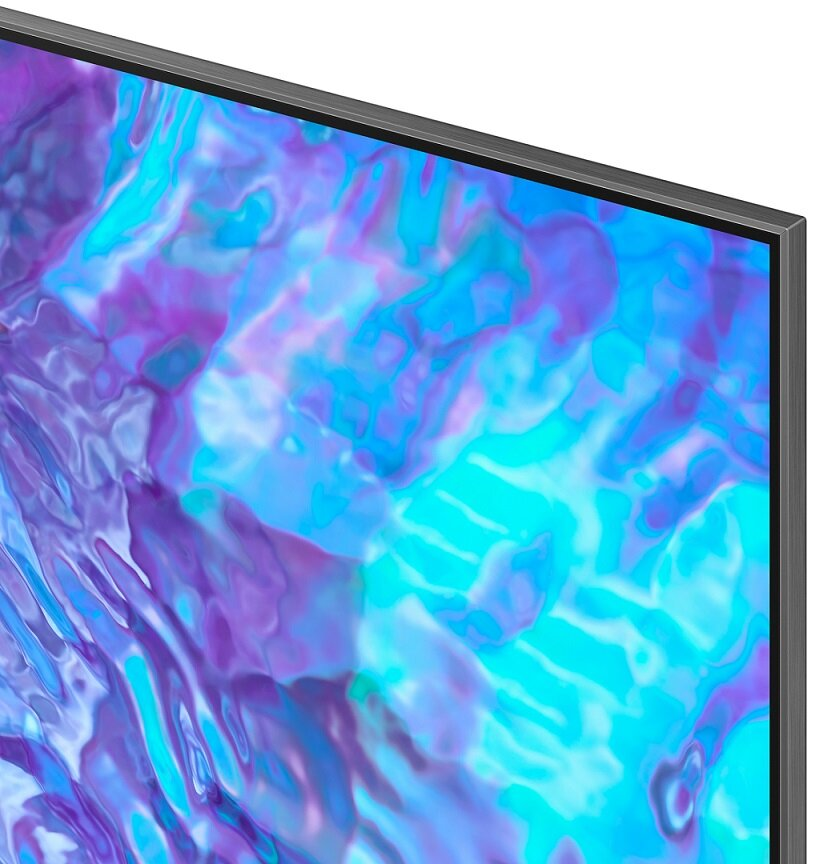 Zbliżenie rogu telewizora. Wyświetlacz pokazuje wirujący niebiesko-fioletowy wzór na czarnej ramie.