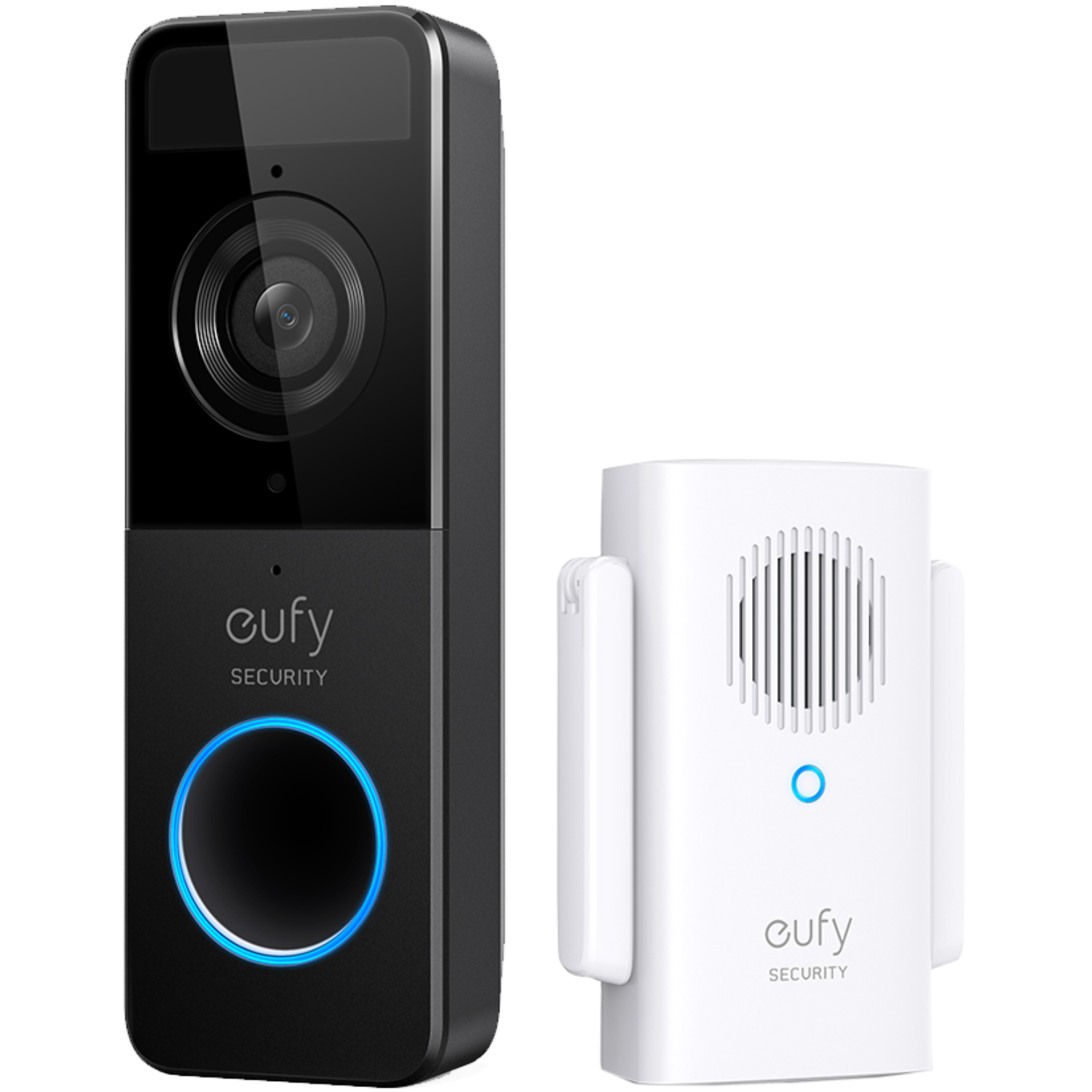 A black doorbell camera and white chime. The doorbell has a blue light.