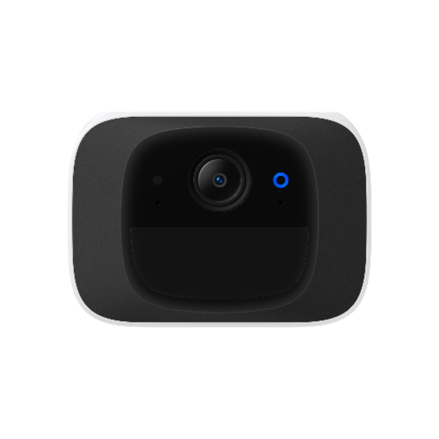 Black security camera on a gray base with a white border. It has a blue light. Black background.