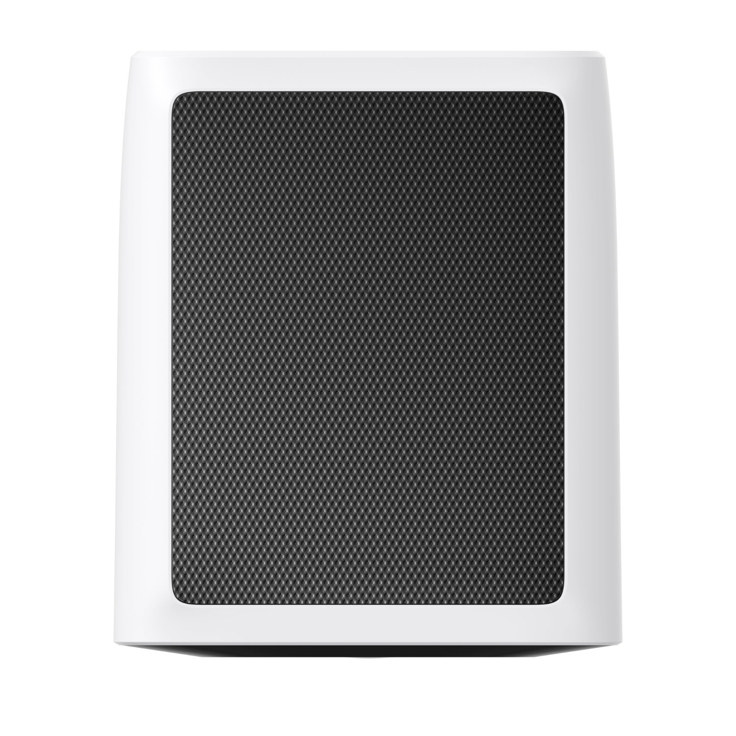 White square speaker with black mesh. White borders. Black bottom.
