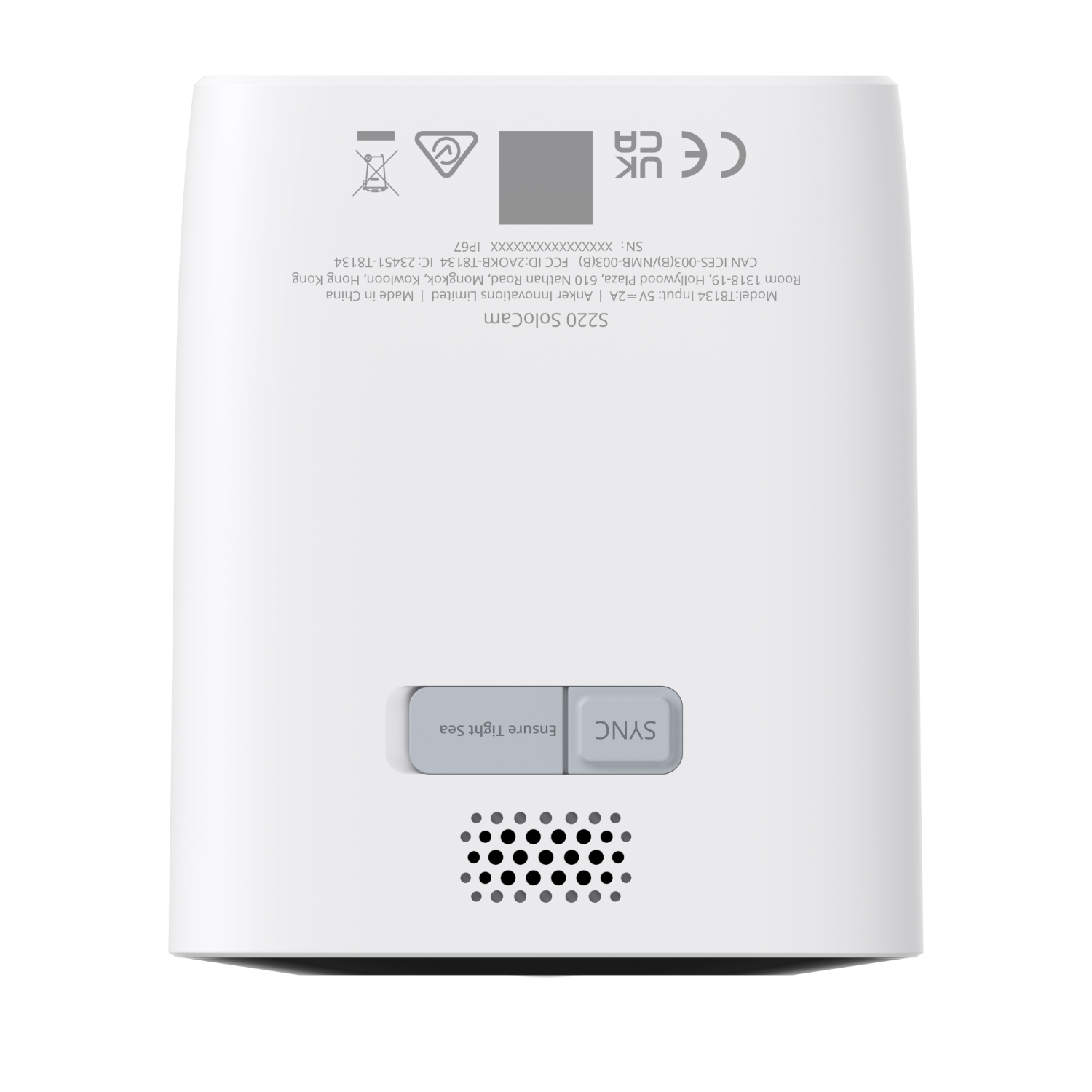 Back view of a white security camera with buttons and a speaker, information printed on it.