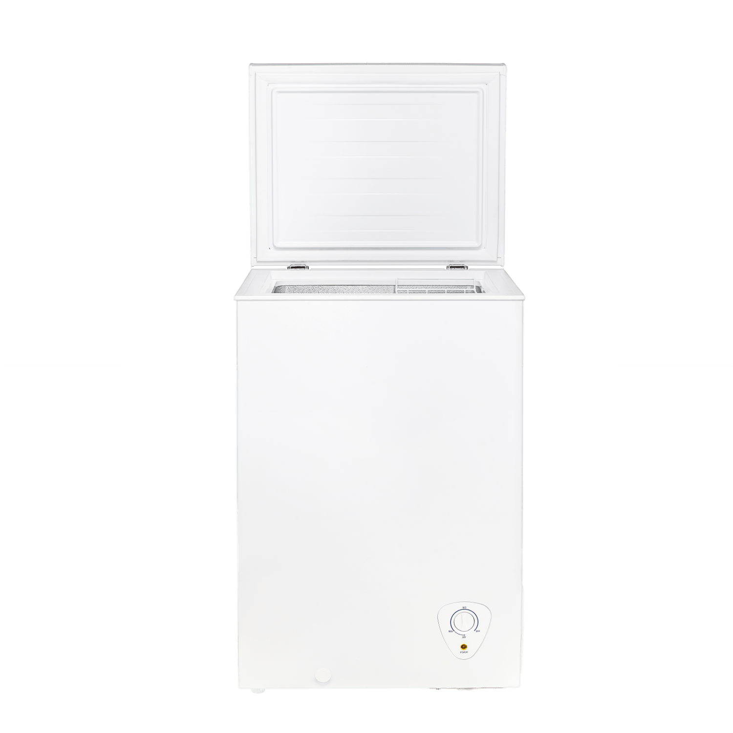 A white chest freezer, open. Shows interior with a wire basket.