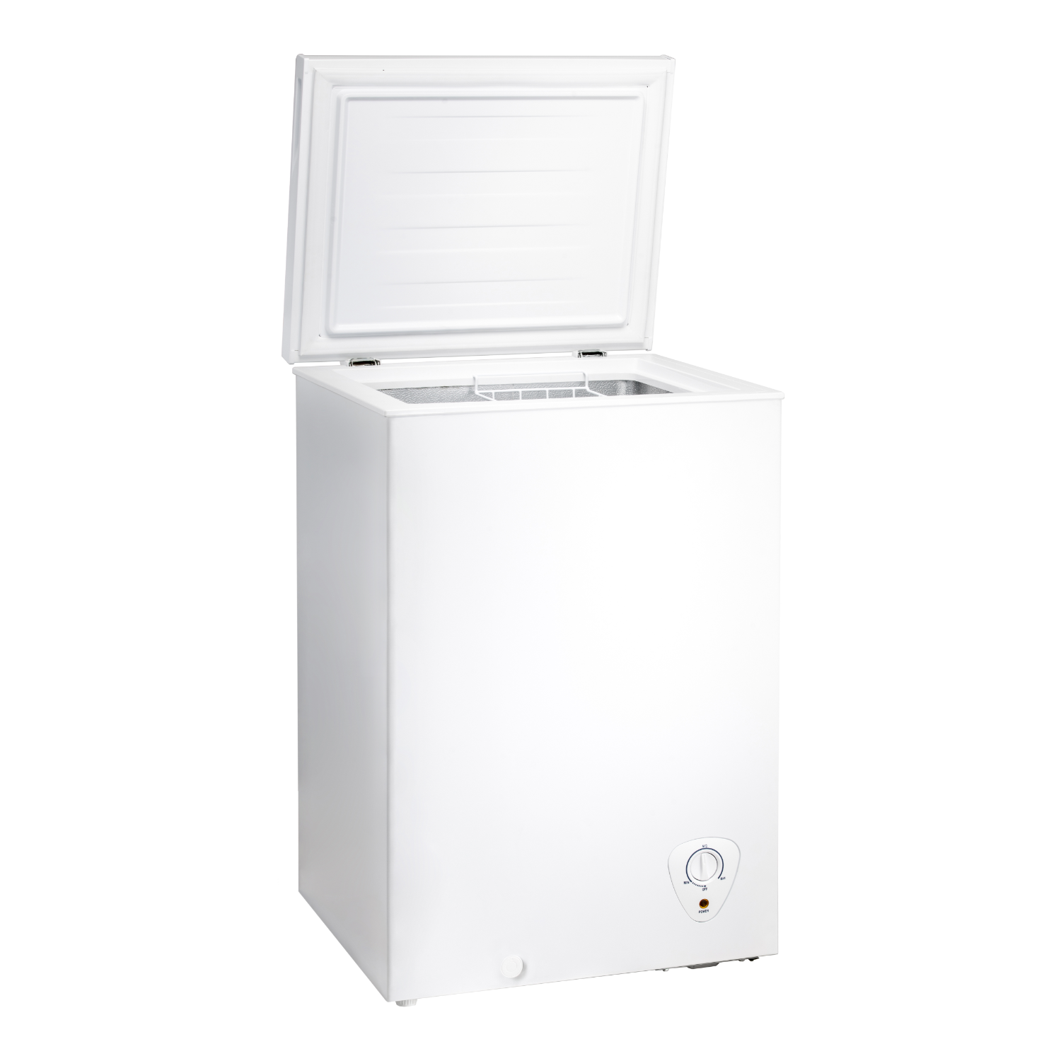 White chest freezer with the lid open, showing the inside.