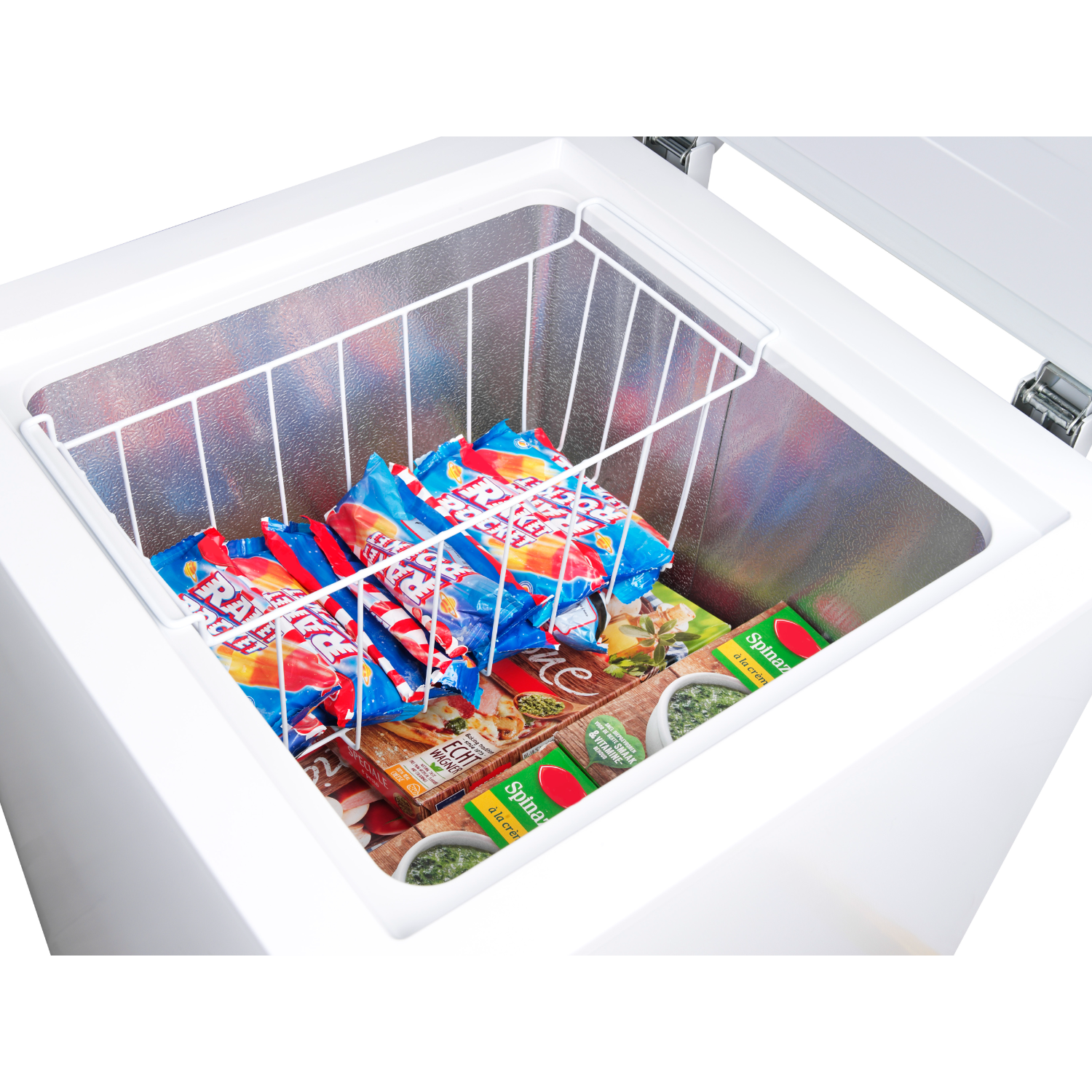 Open freezer with popsicles, frozen meals, and a wire basket.
