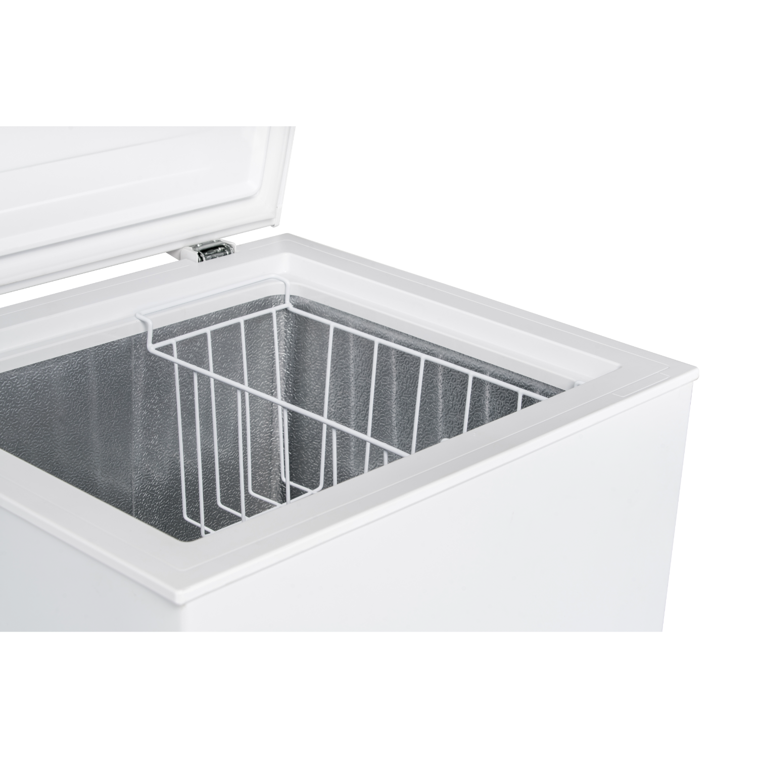 An open white chest freezer. The interior is metal. A white wire basket is visible. The lid is partially open.