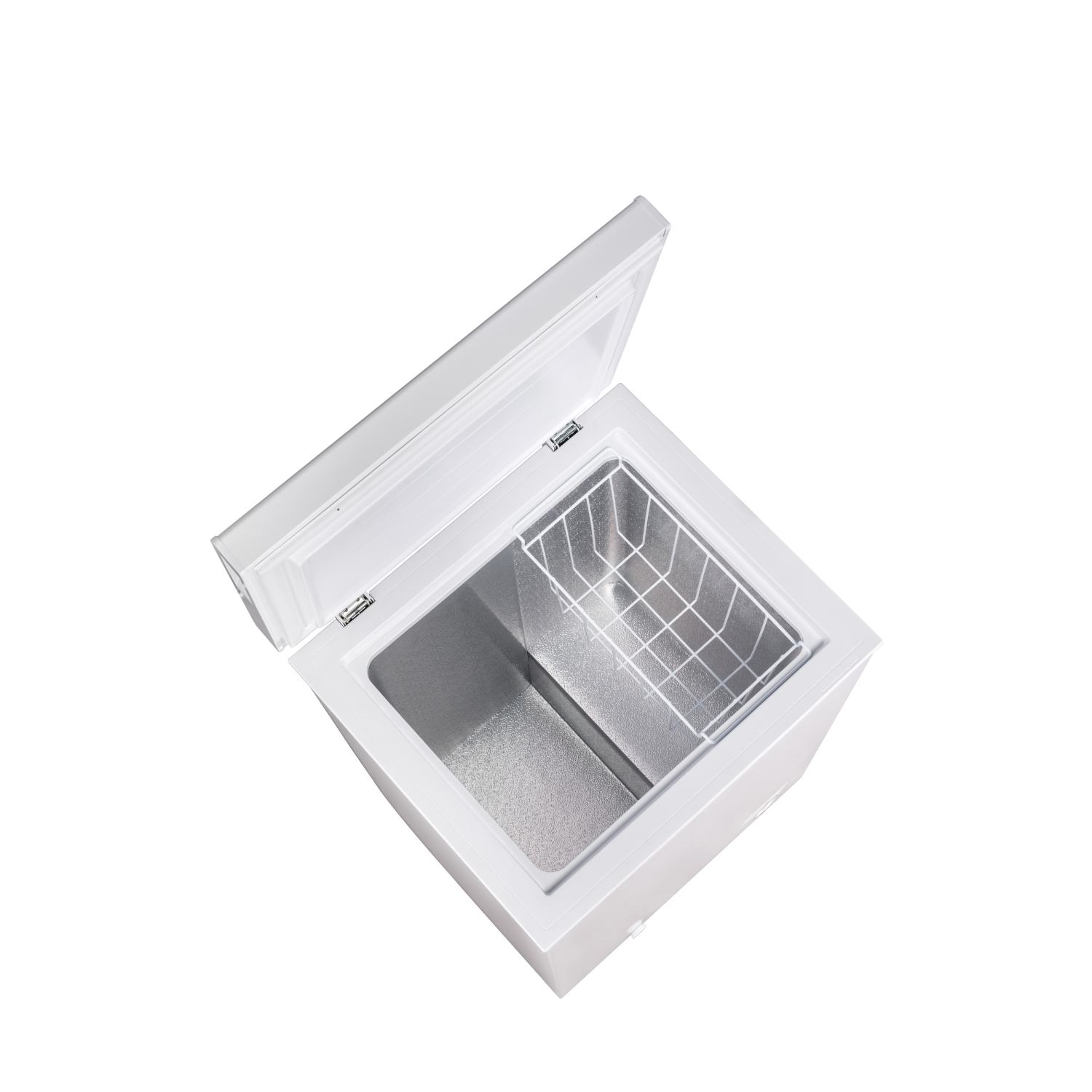 White chest freezer. The lid is open, revealing a metal basket and the freezer interior.