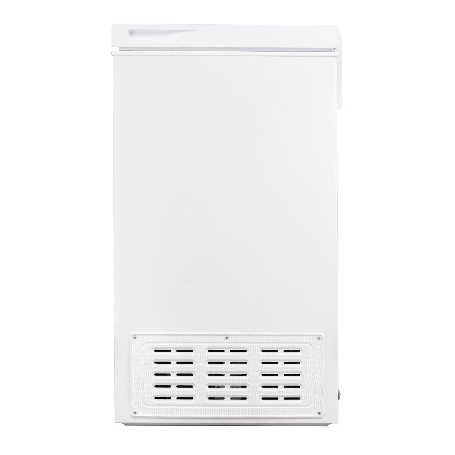 White freezer. It has a top door, a vent at the bottom, and a white background.