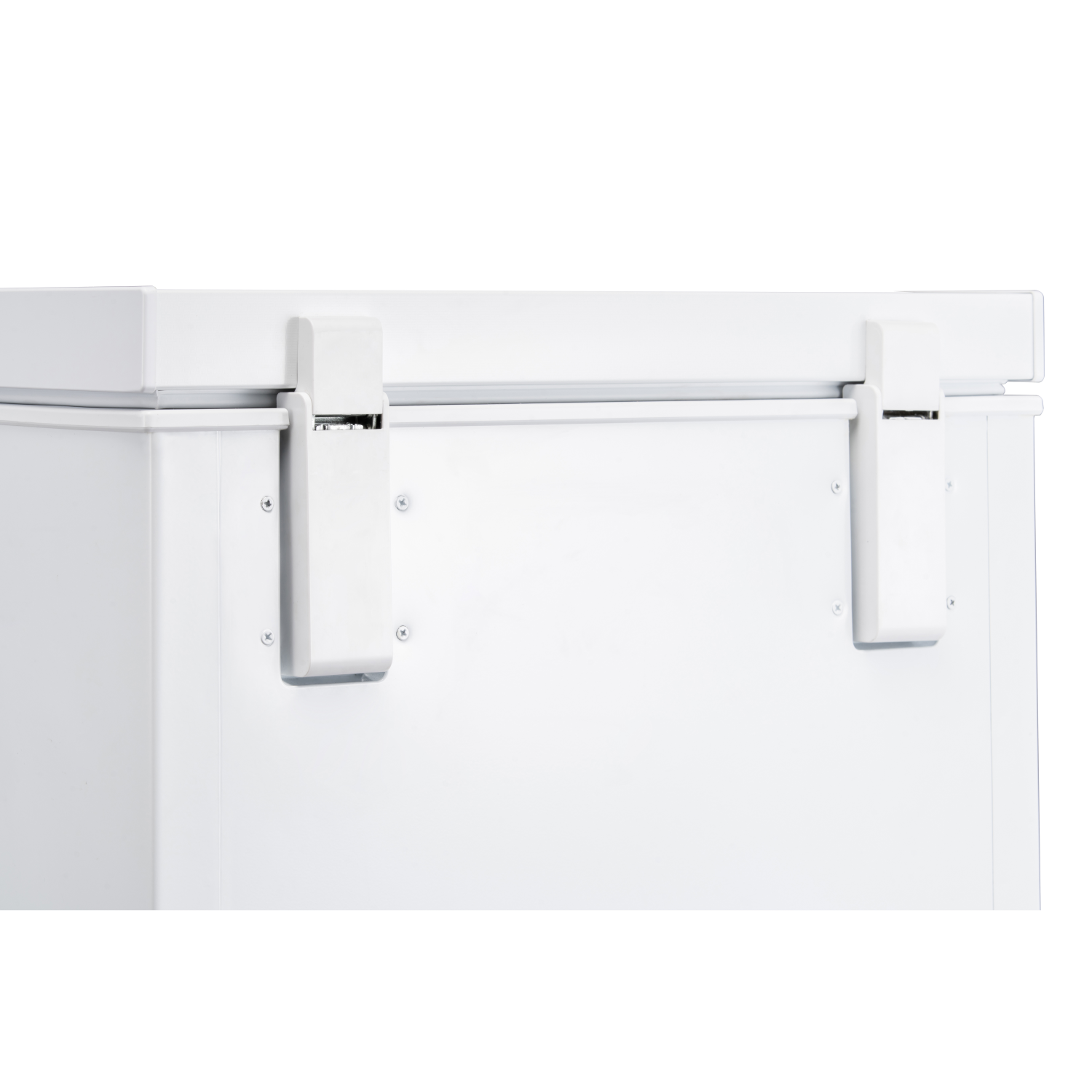 White chest freezer, closed, with two white latches on the front.