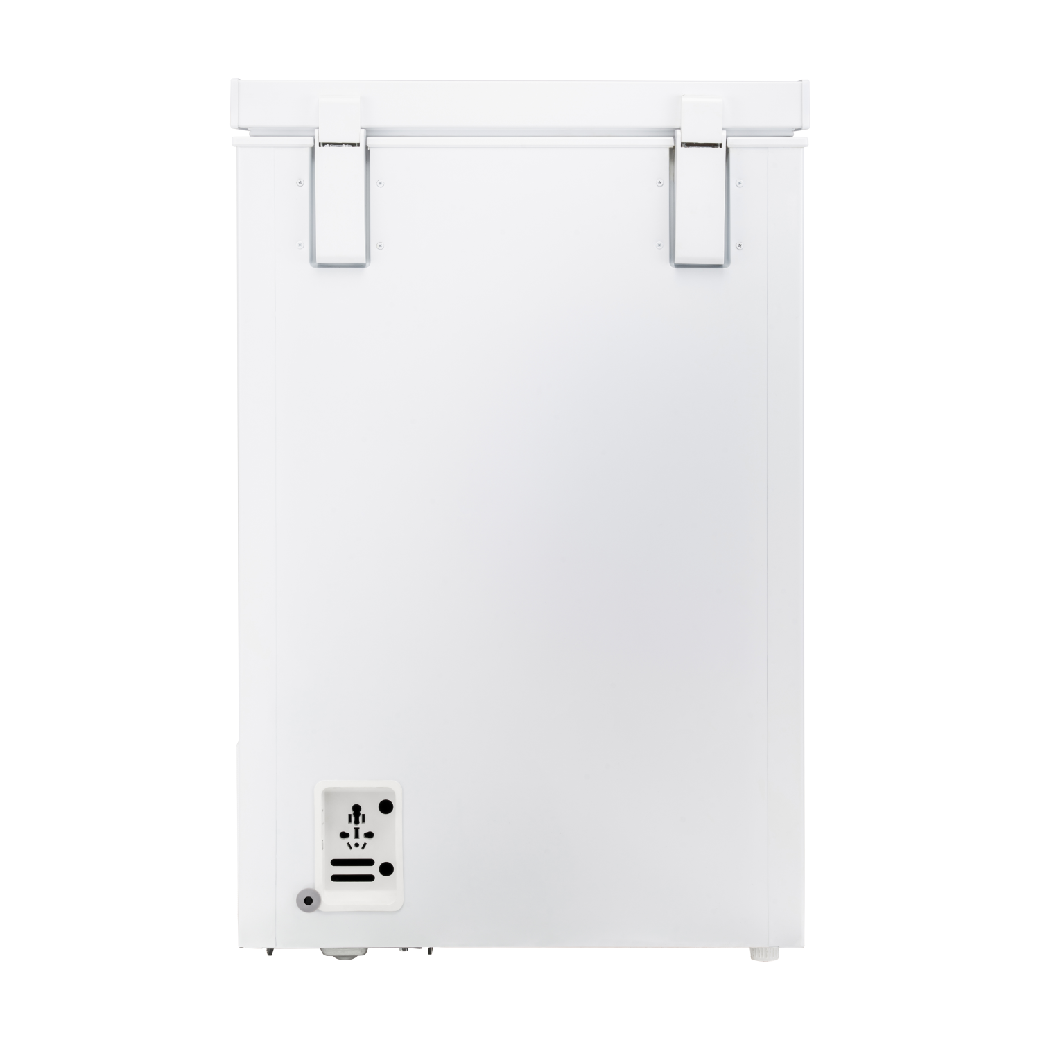 A white chest freezer, viewed from the front, with two handles on top.