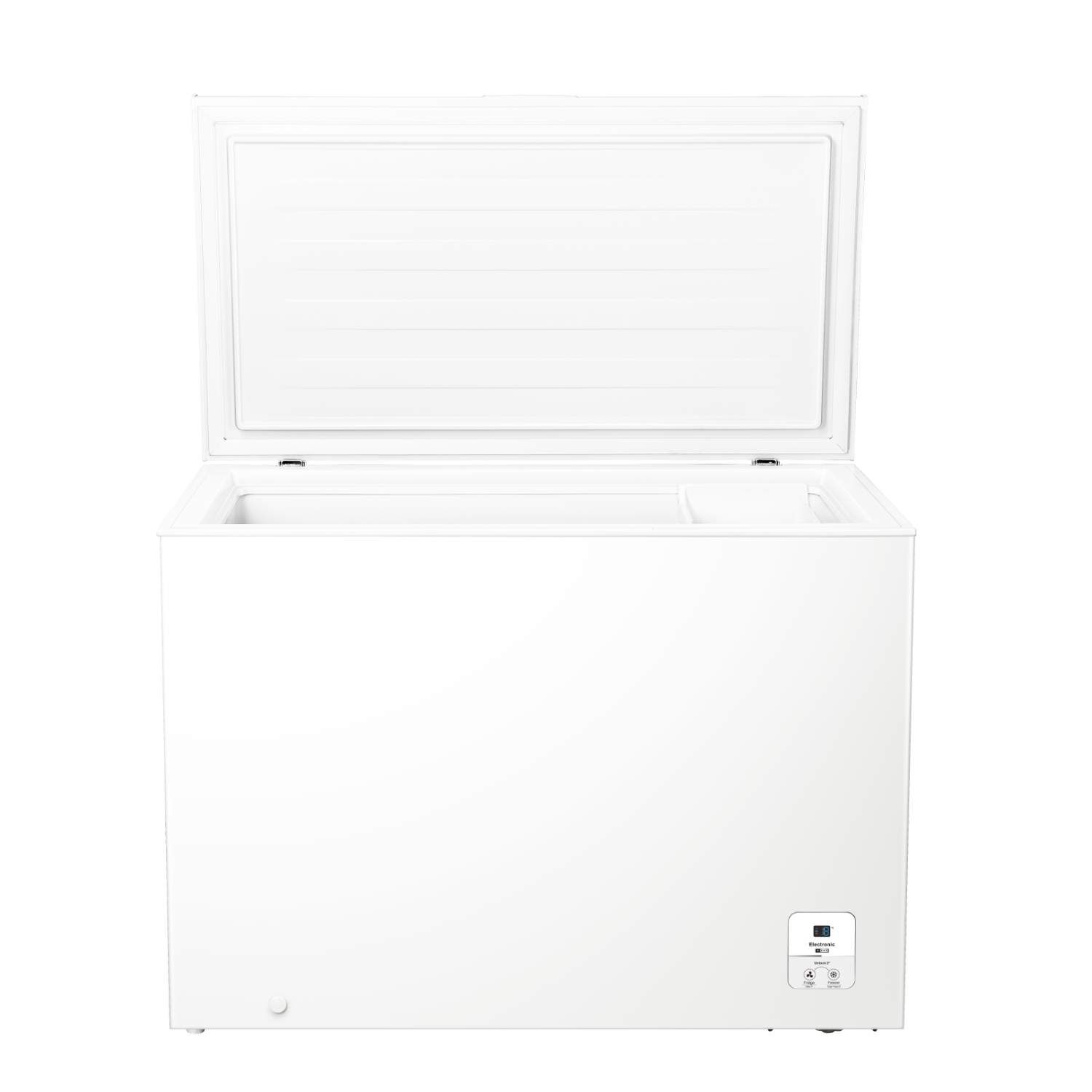 White chest freezer, open. Interior with a white top. White background.