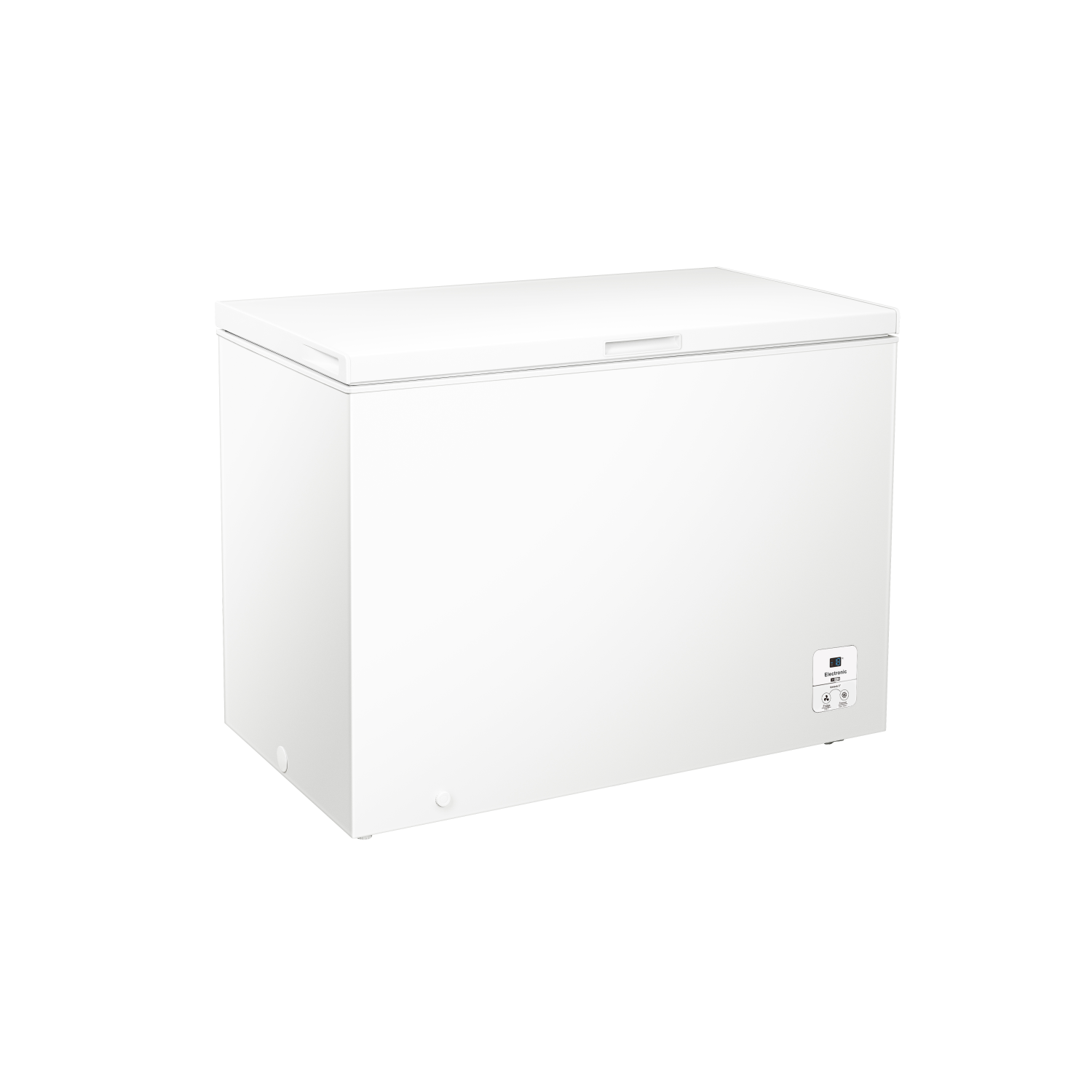 White freezer box. The freezer has a lid and a small control panel on the front.