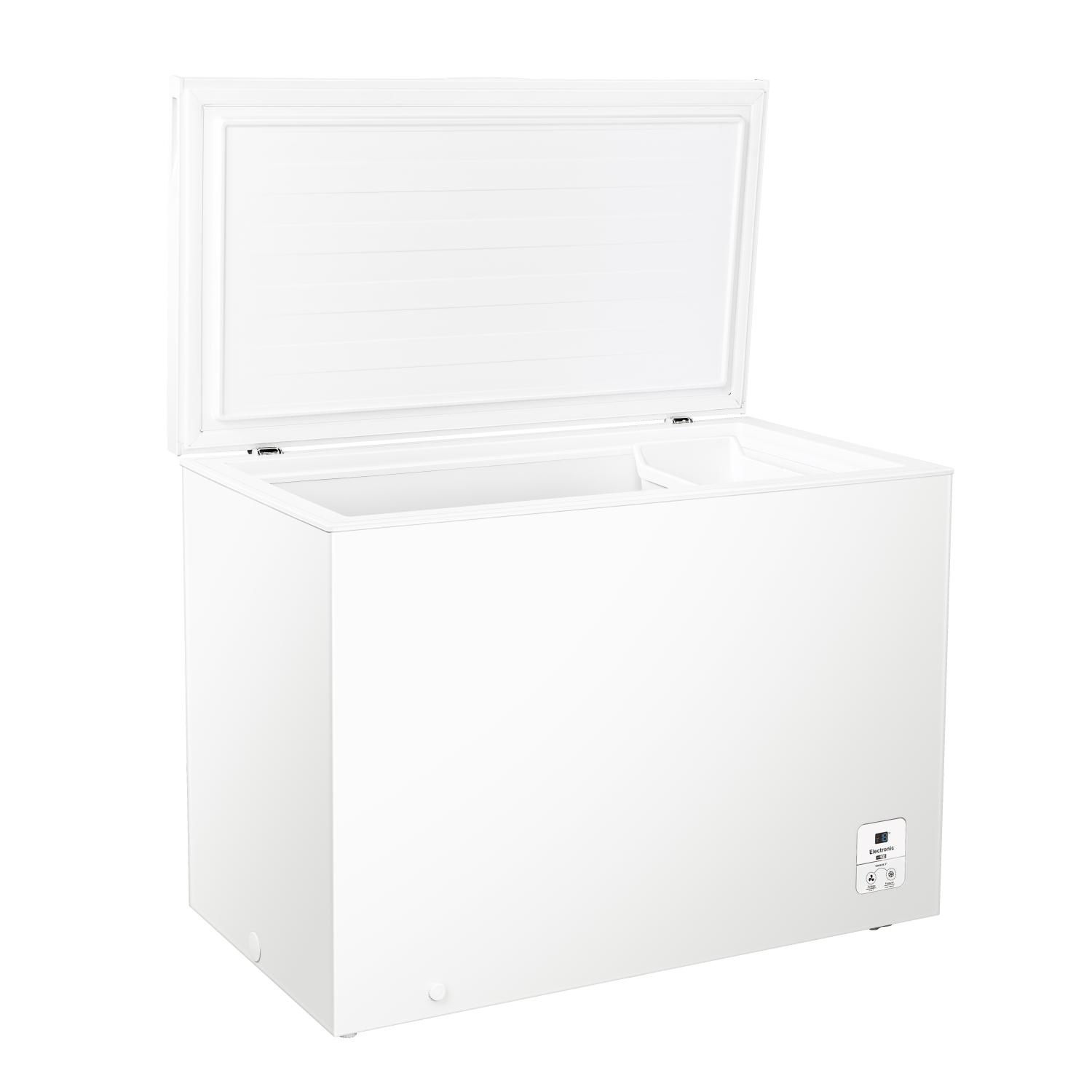 White chest freezer with the lid open, revealing the interior. A small compartment is visible.