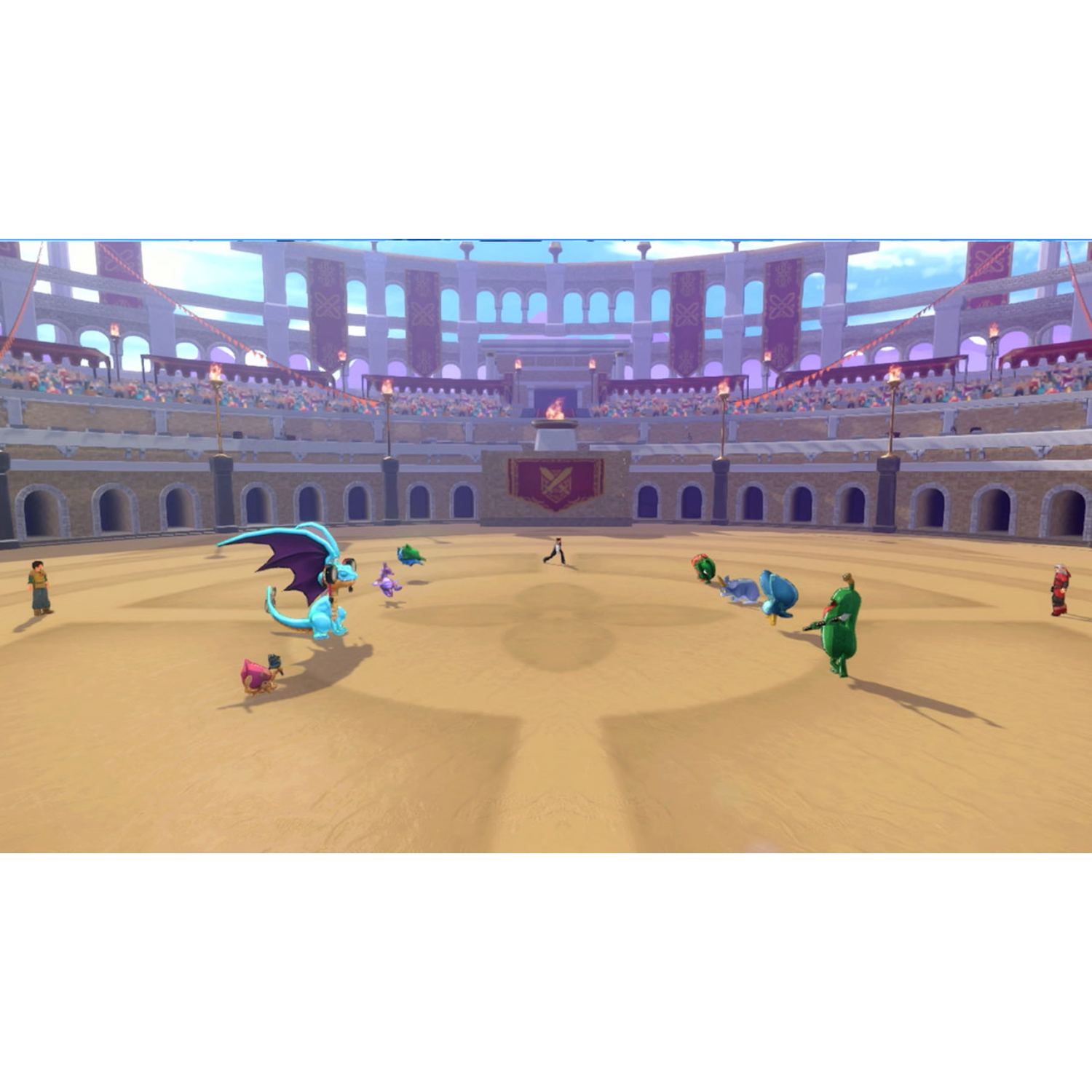 Arenascène met cartoonwezens die vechten. Menigte op de achtergrond.