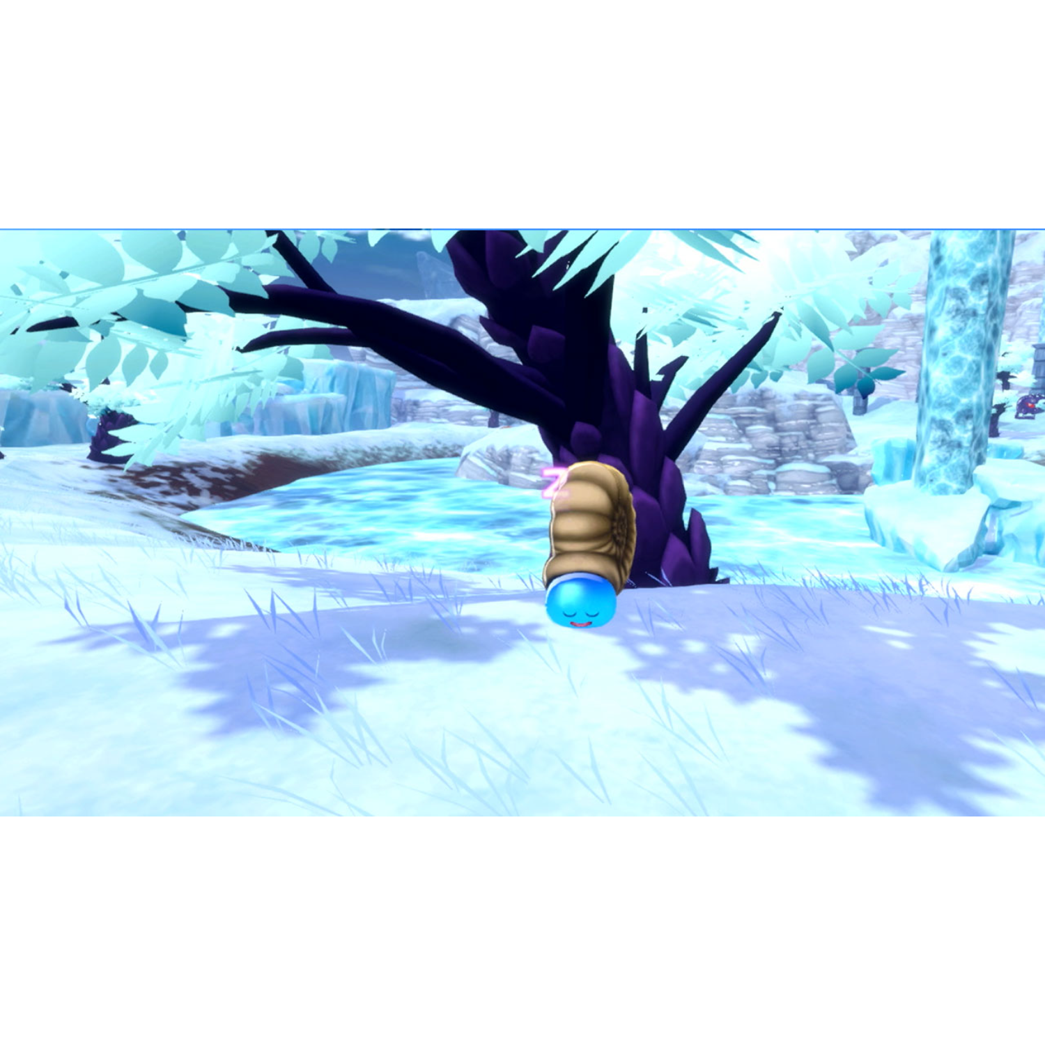 Een screenshot van een videogame van een blauw personage met een schild op een besneeuwd landschap.