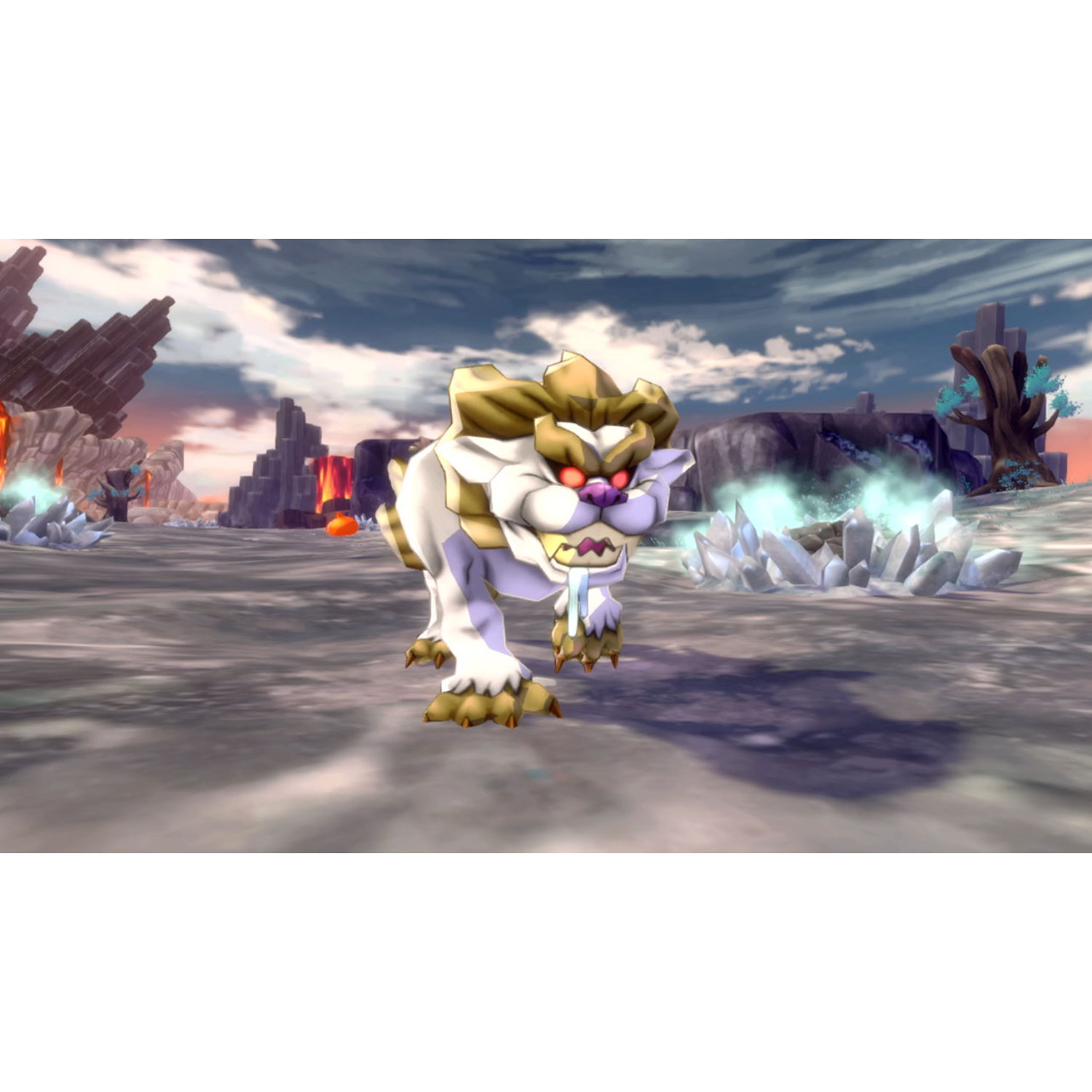 Cartoonmonster in een videogame landschap. Een monster met een wit lichaam en gele klauwen.