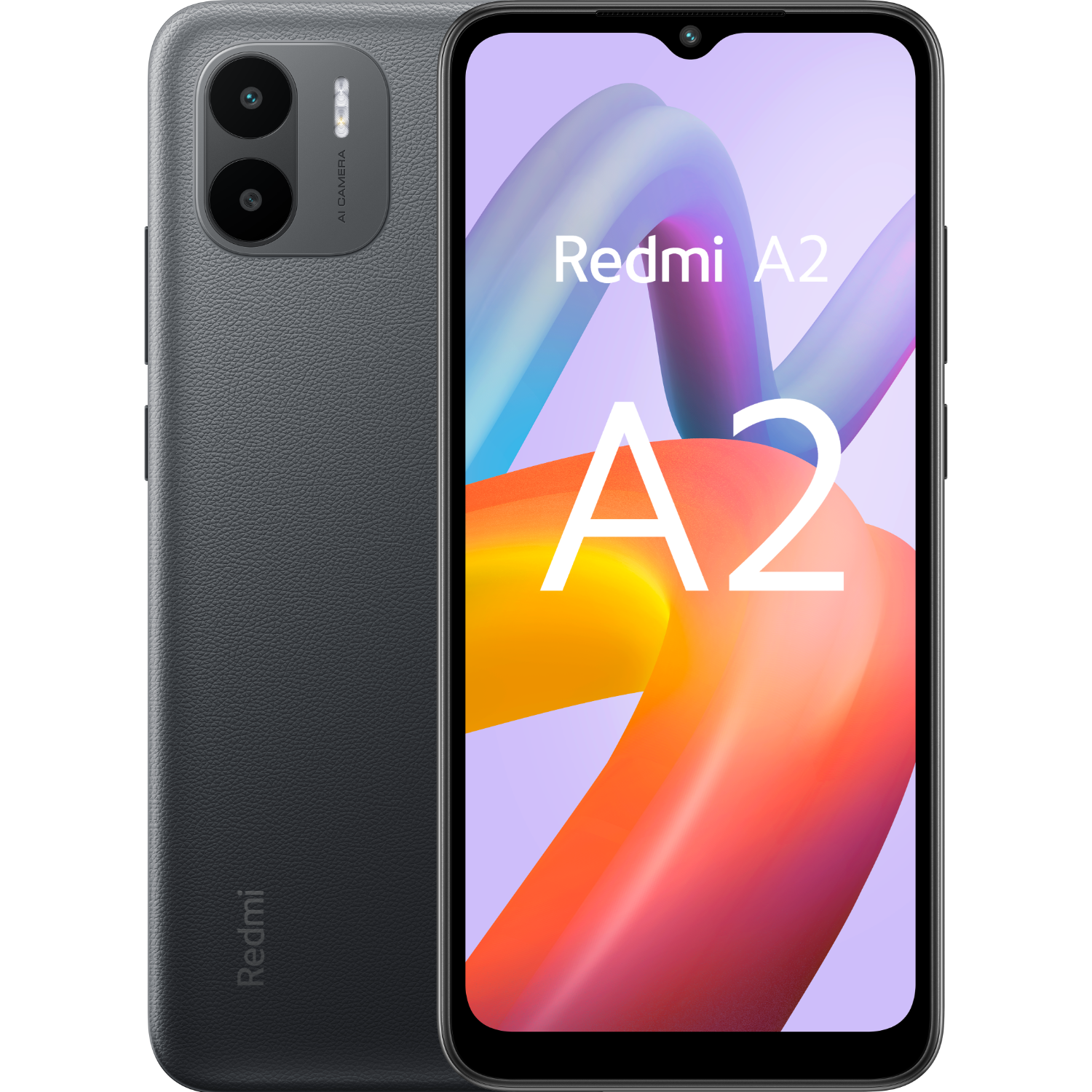 Zwarte en grijze Redmi A2 smartphone met een kleurrijk display, zwarte achtergrond.