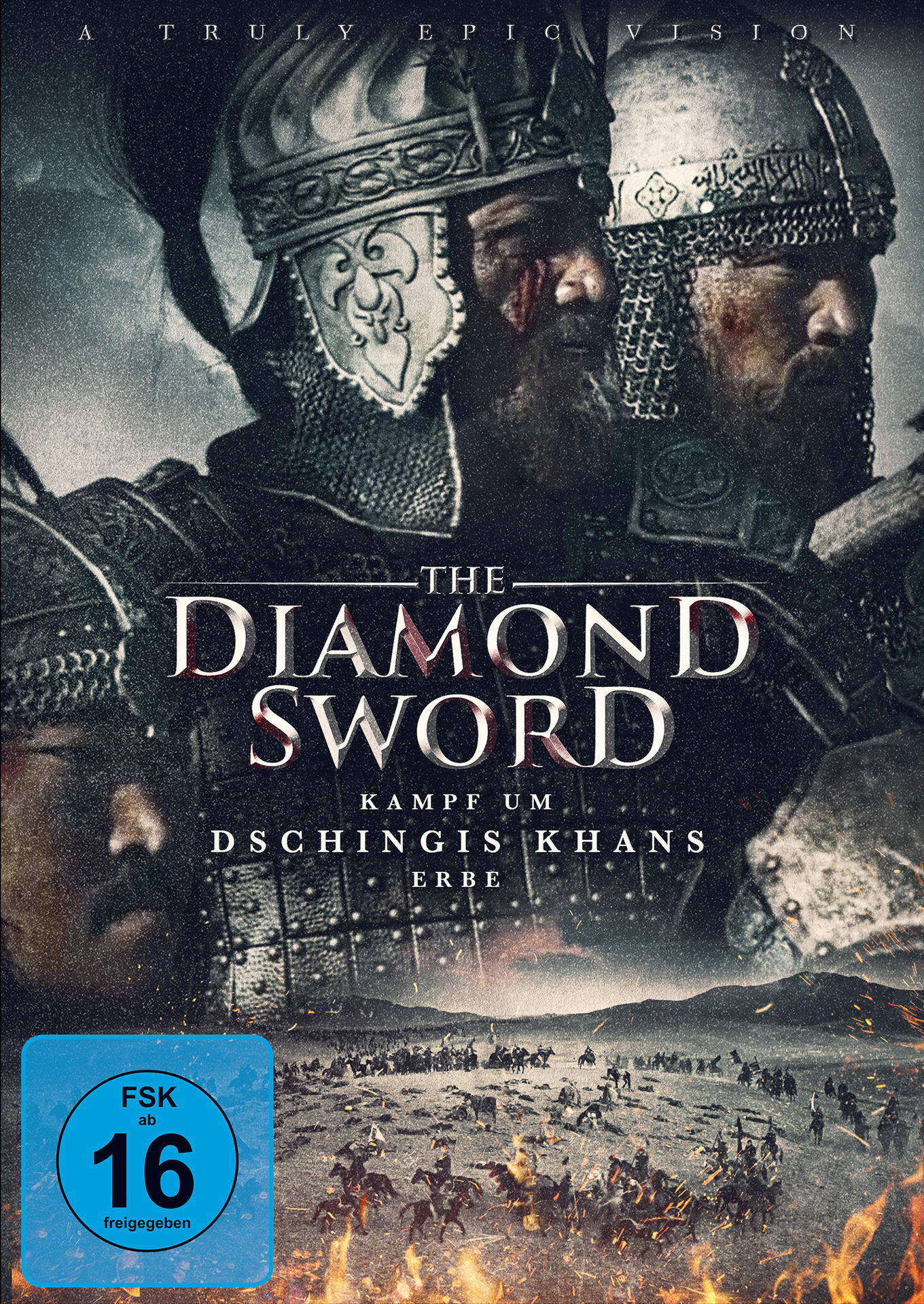 Filmposter mit zwei gepanzerten Kriegern, dem Titel 'The Diamond Sword' und dem deutschen Text 'Kampf um Dschingis Khans Erbe'.