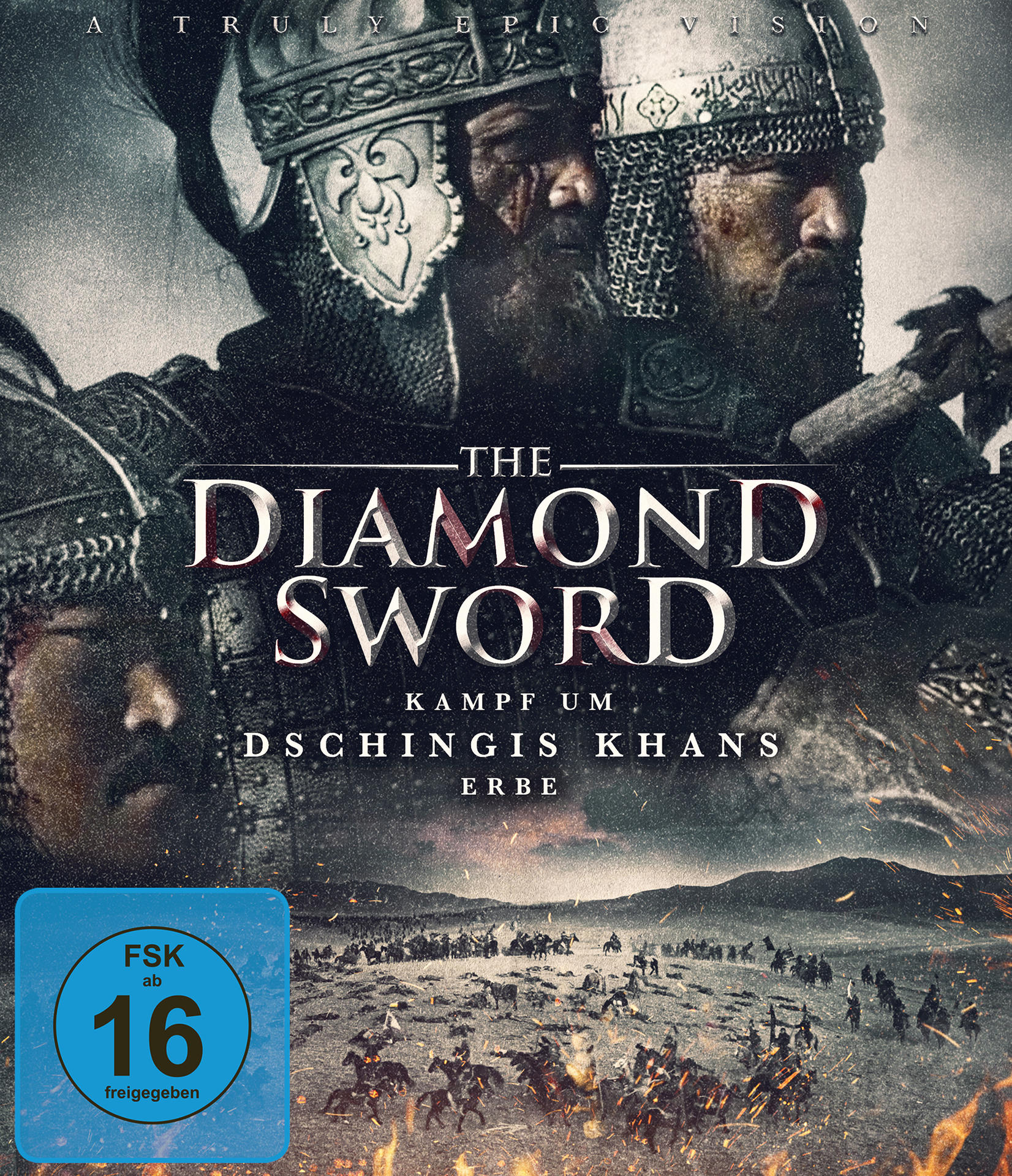 Filmcover mit zwei Männern in Rüstung, mit einer Kampfszene im Hintergrund.