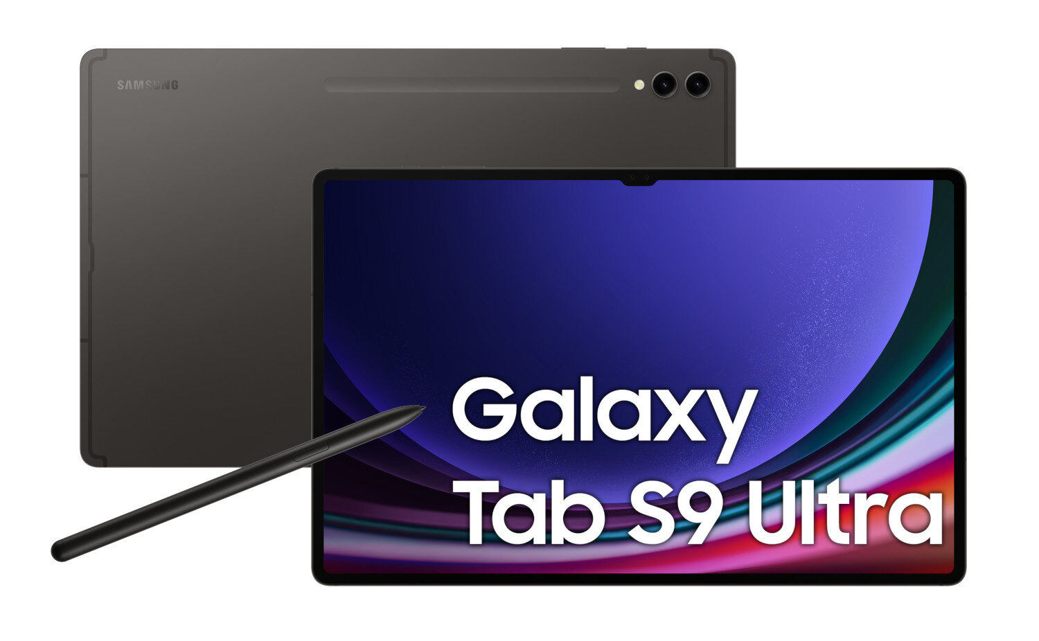 Tablet, rysik i ciemne tło. Tablet wyświetla 'Galaxy Tab S9 Ultra'. Widoczny jest tył tabletu.