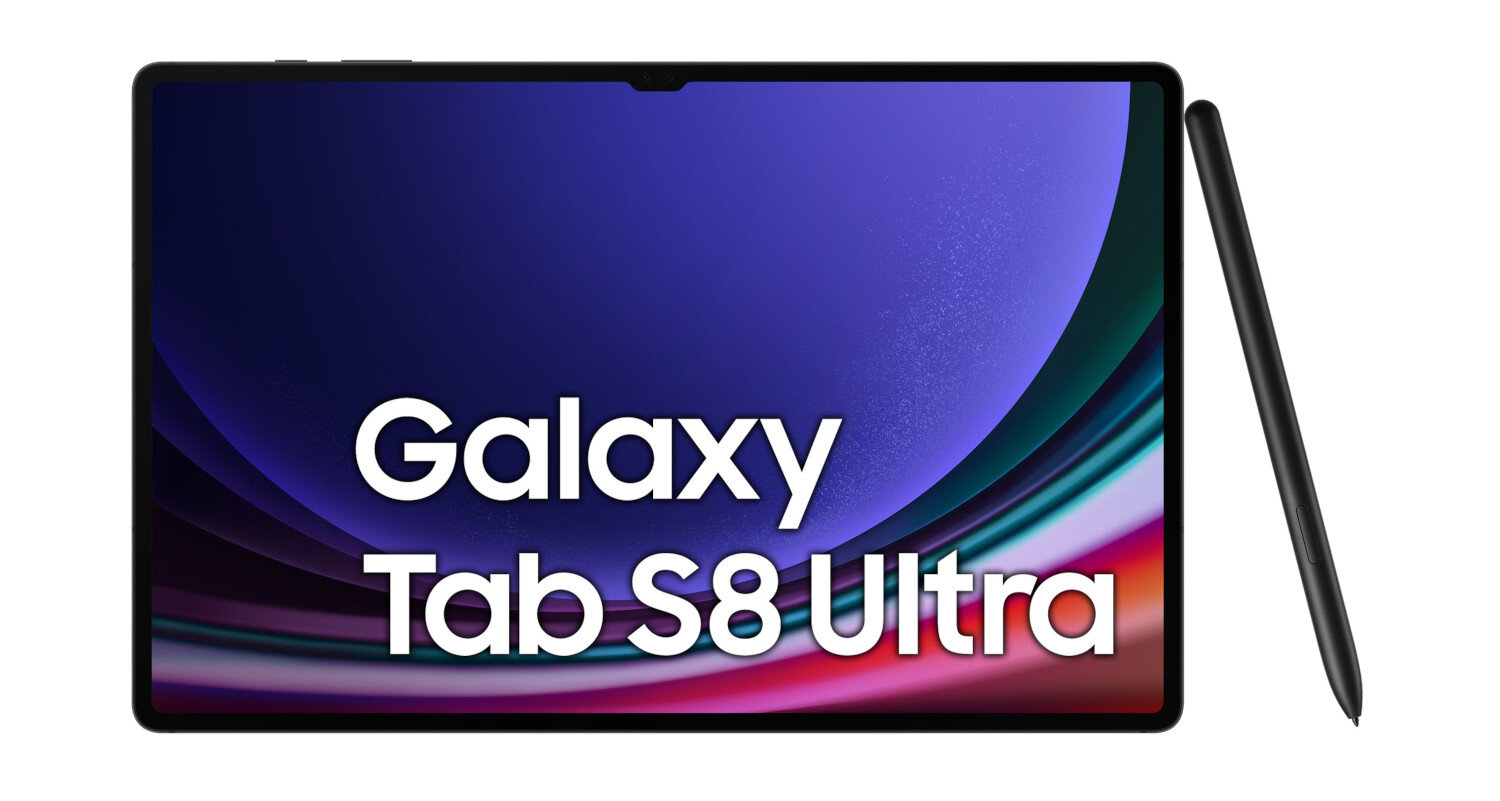 Tablet z piórem. Biały tekst 'Galaxy Tab S8 Ultra'.