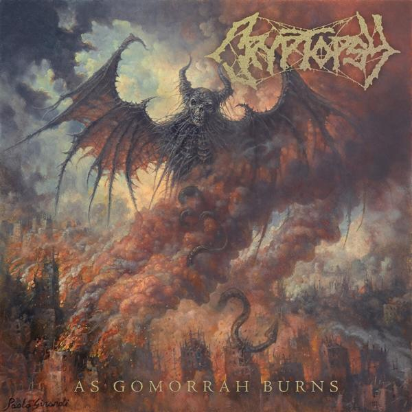 Album borító. A szöveg a 'Cryptopsy As Gomorrah Burns'. A mű egy pokoli tájat ábrázol.