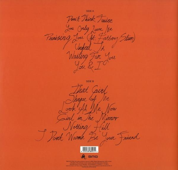 Egy narancssárga albumborító fekete betűkkel listázza a dalcímeket. A oldal: Don't Think Twice, Praising You. B oldal: That Girl, Notting Hill.