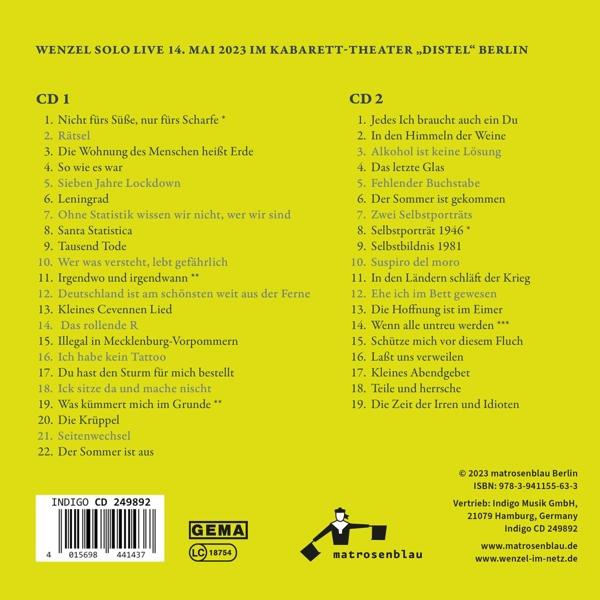 CD-Hülle mit Titelliste, 'Wenzel Solo Live' Titel und GEMA-Logo.