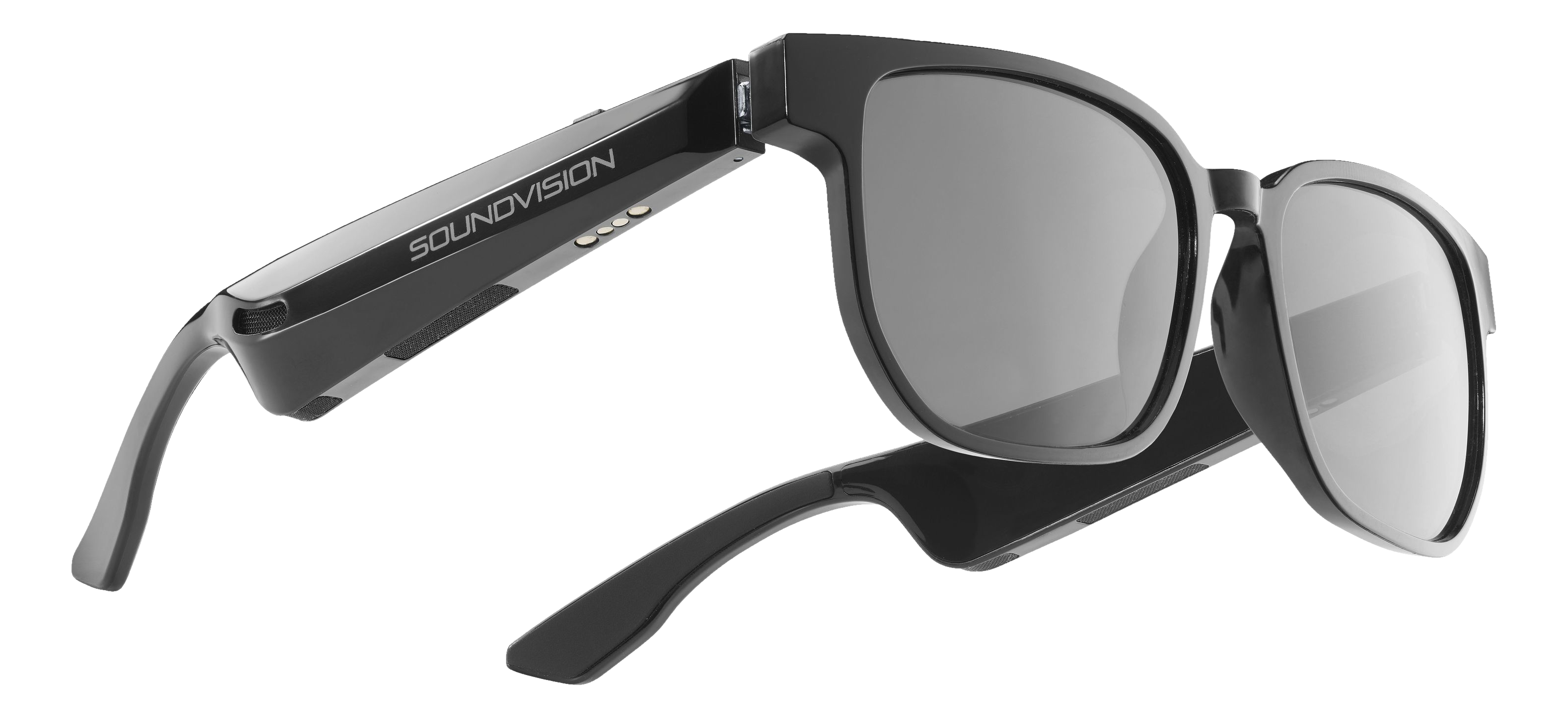 Lunettes de soleil Soundvision noires. Détails : texte Soundvision sur le côté, gros plan.