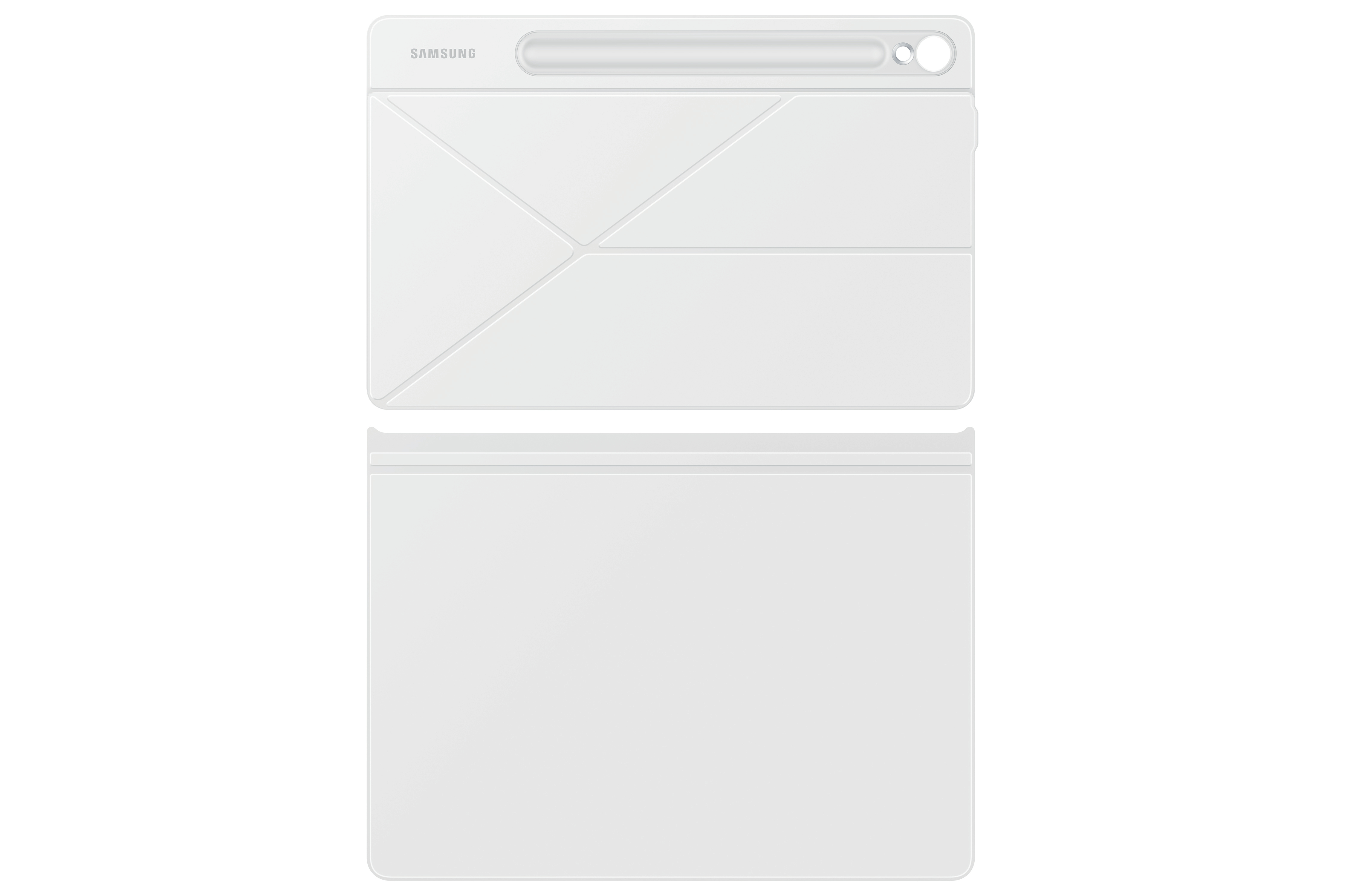 Weiße Samsung Tablet-Hülle, gefaltet und entfaltet. Zwei Teile: oben und unten, beide weiß.